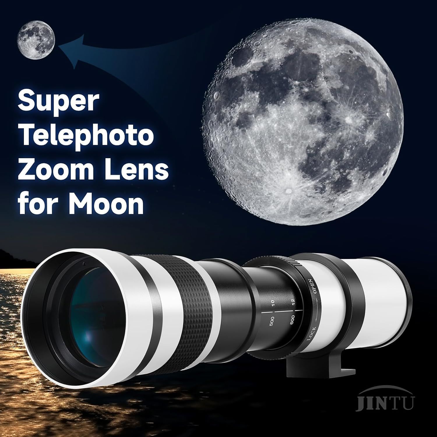 Demonstrates the lens's powerful telephoto zoom capability by showing a dramatic before-and-after comparison of the moon, reassuring shoppers that this lens…