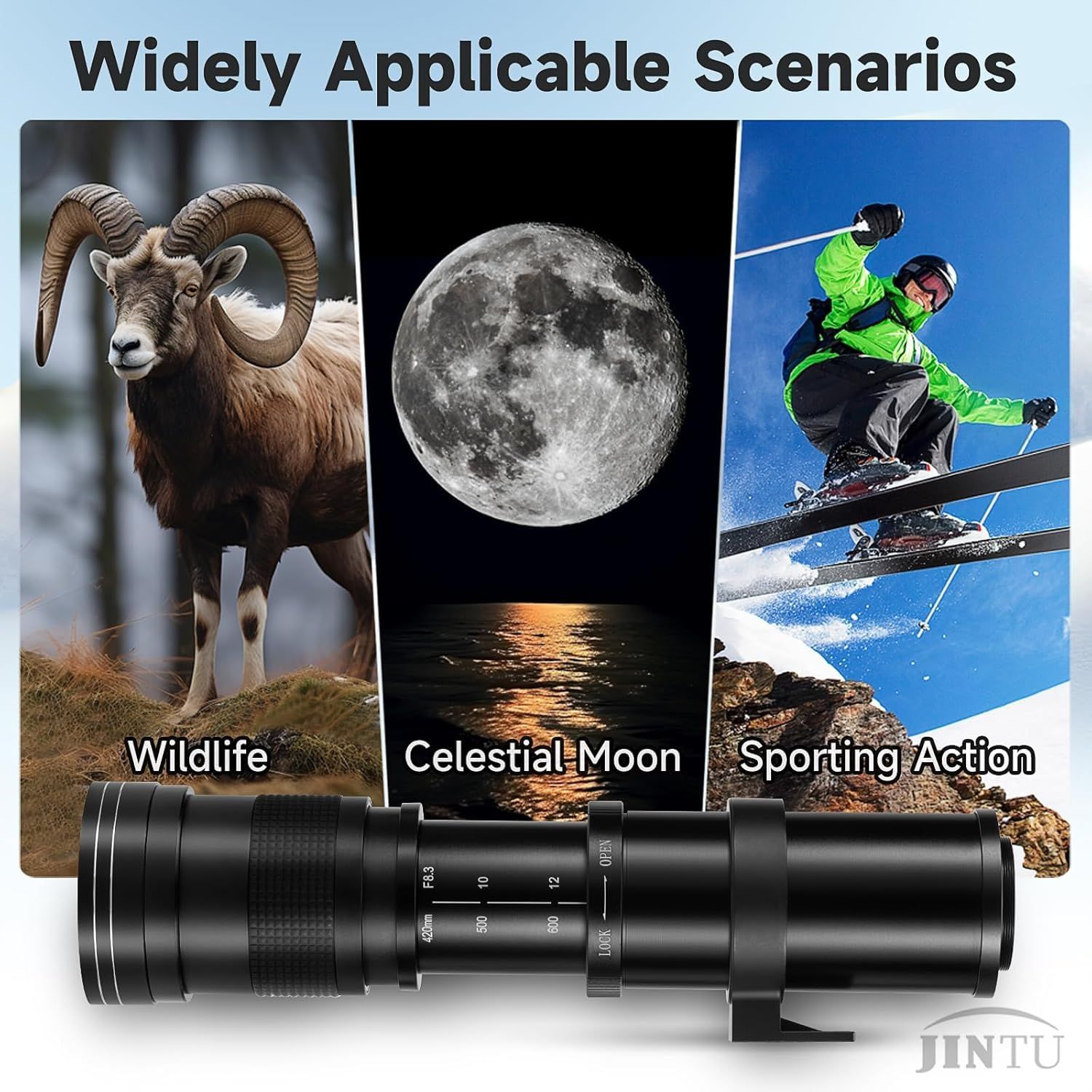 Demonstrates the versatility of the camera lens by showing three distinct use-case scenarios where the product excels, reassuring shoppers that this lens can…