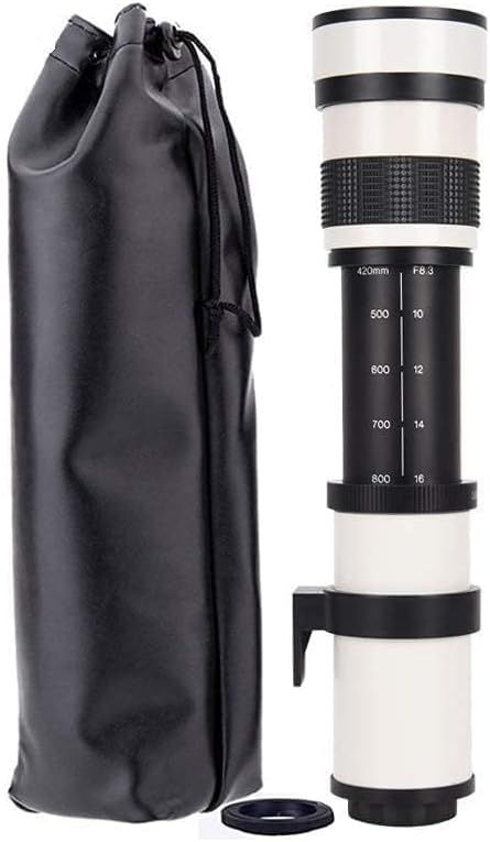 Shows everything included in the purchase: the telephoto lens, protective carrying pouch, and lens cap, reassuring the shopper they're getting a complete…