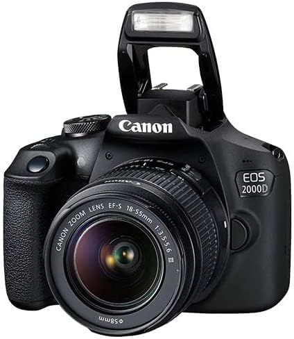 Provides a clean, catalog-style view of the Canon EOS 2000D camera with lens and flash extended, allowing shoppers to see the product clearly without…