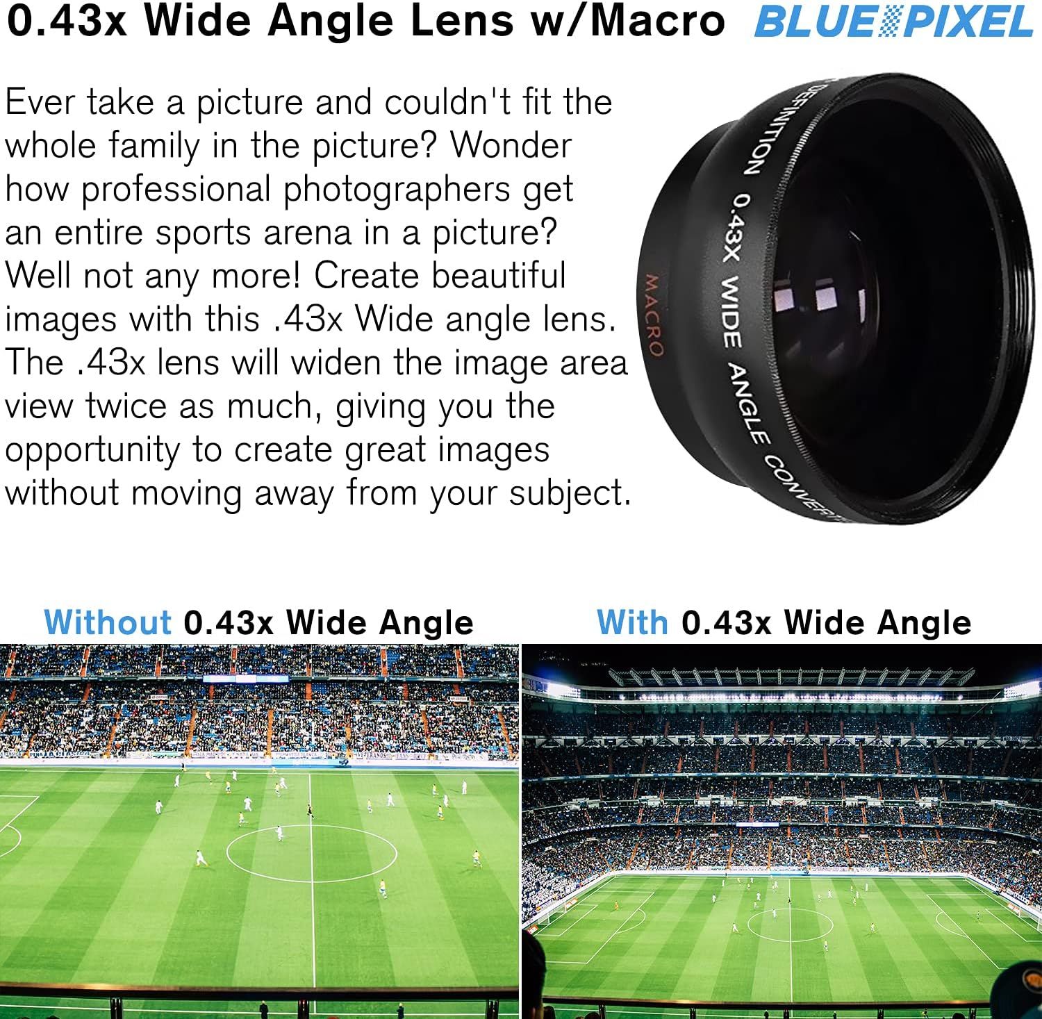 Demonstrates the transformative effect of using the 0.43x wide angle lens by showing a side-by-side comparison of the same scene without and with the lens, proving how much more can be captured in…
