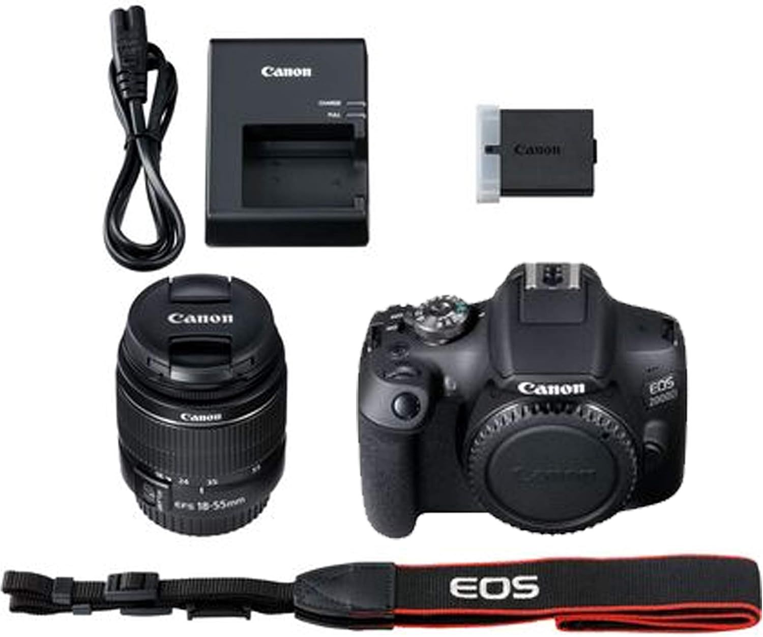 Shows all the items included in the Canon EOS camera package, helping shoppers understand they receive the camera body, lens, battery, charger, cable, and strap.