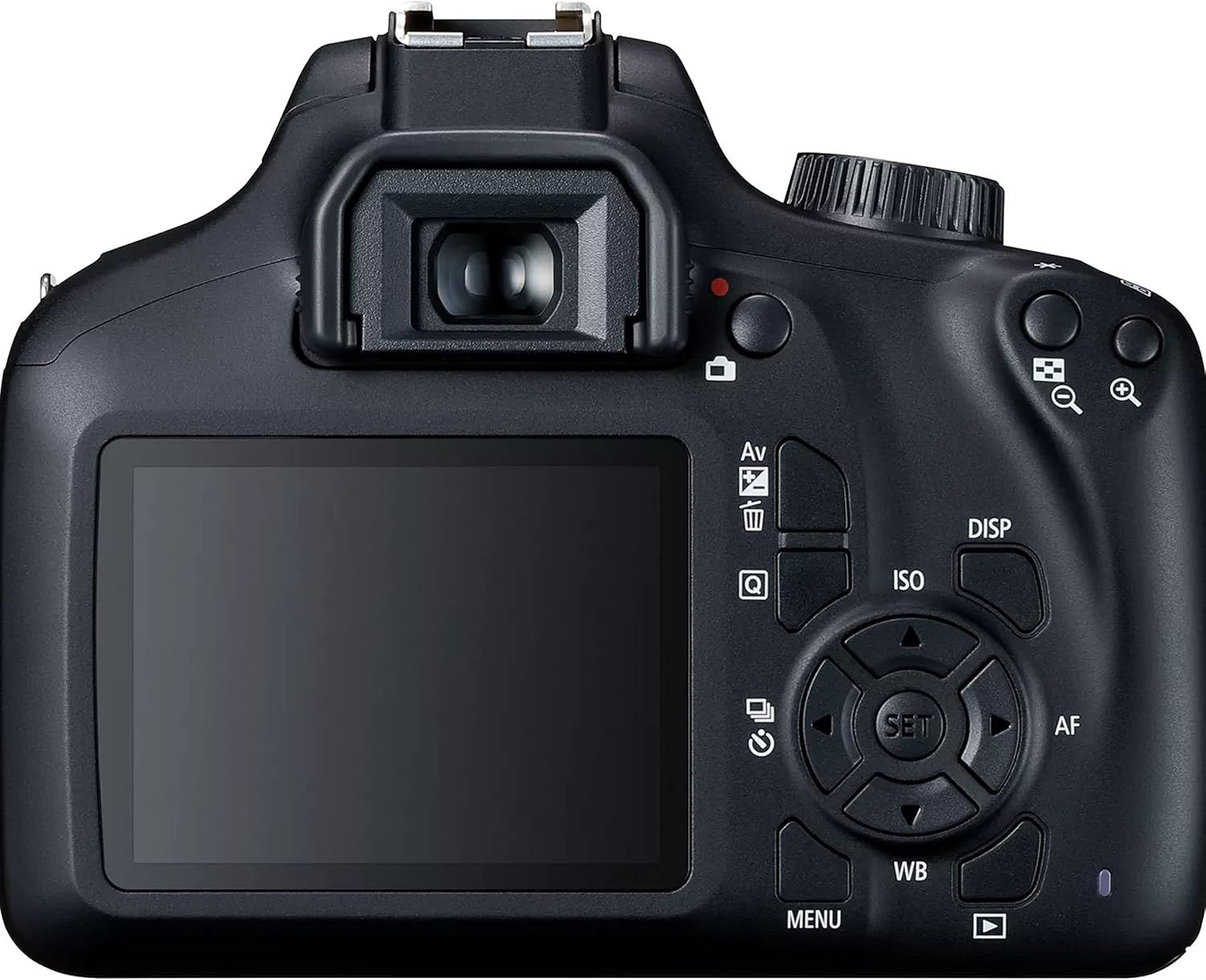 Provides a clean, catalog-style view of the camera's back panel to show the product's physical appearance, controls, and screen without distractions.