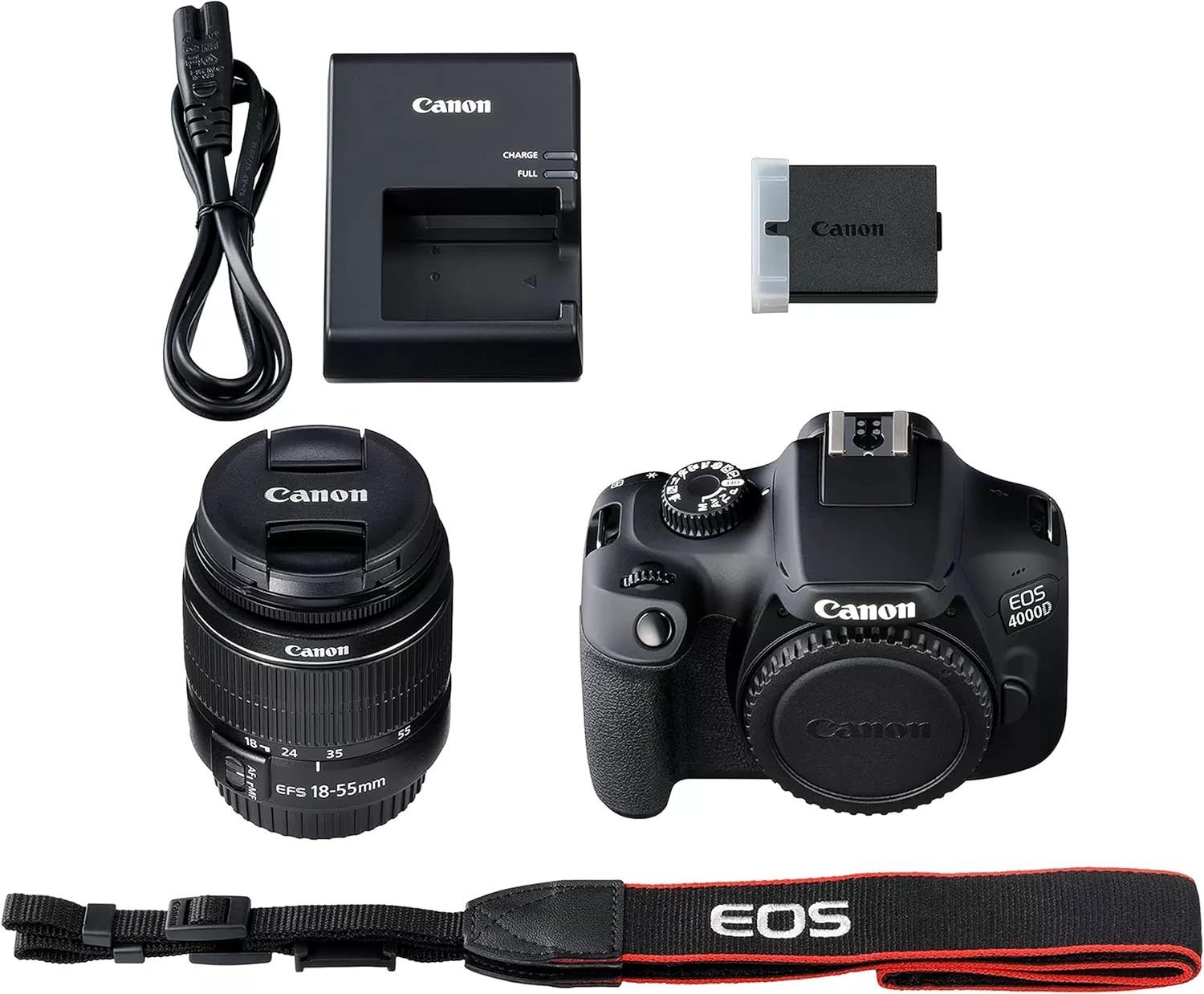 Shows all the items included in the Canon EOS 4000D camera package, helping shoppers understand they receive a complete kit with camera body, lens, battery, charger, power cable, and strap.