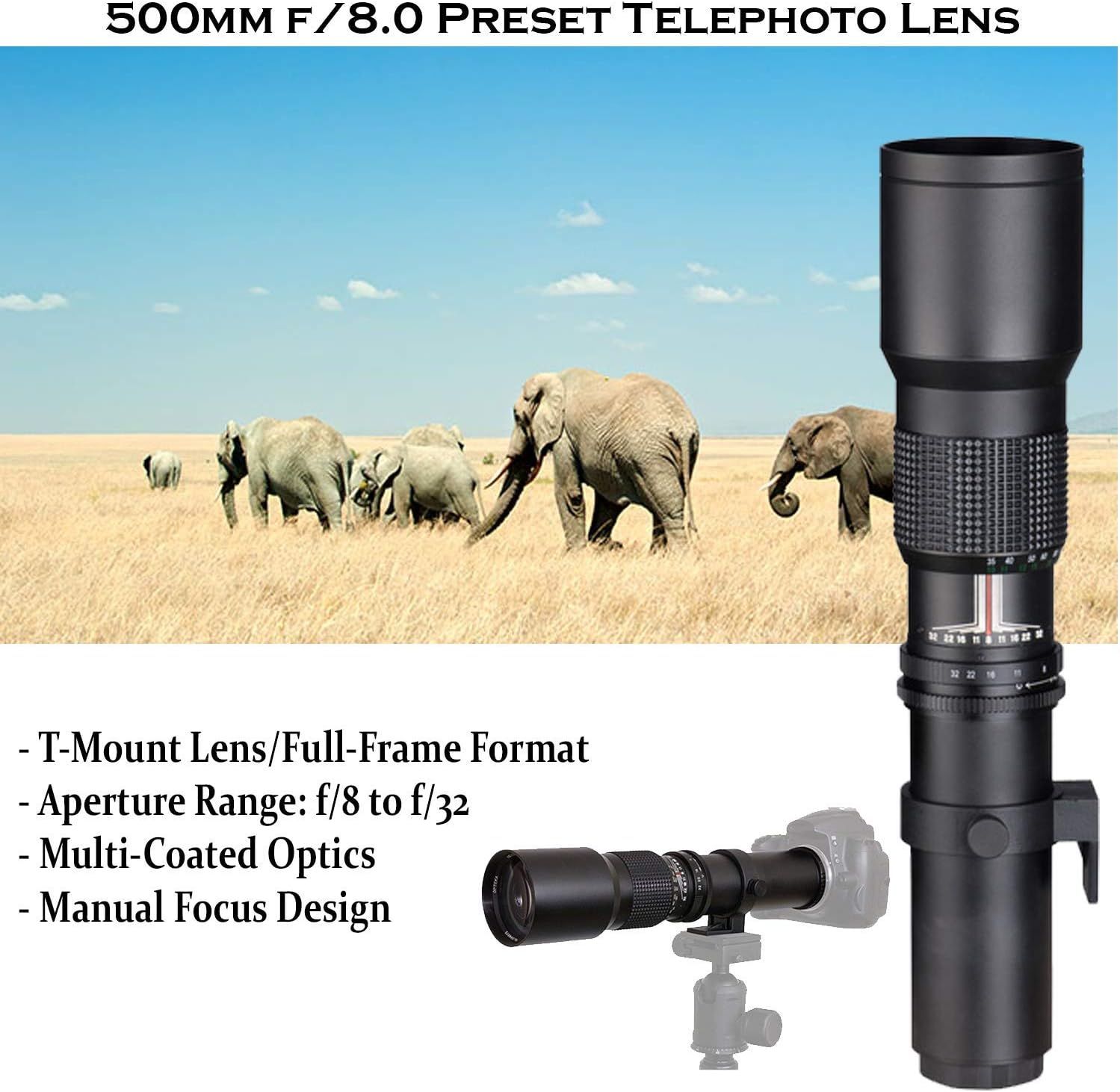 Communicates multiple technical specifications and features of the telephoto lens to help photographers understand its capabilities and compatibility.