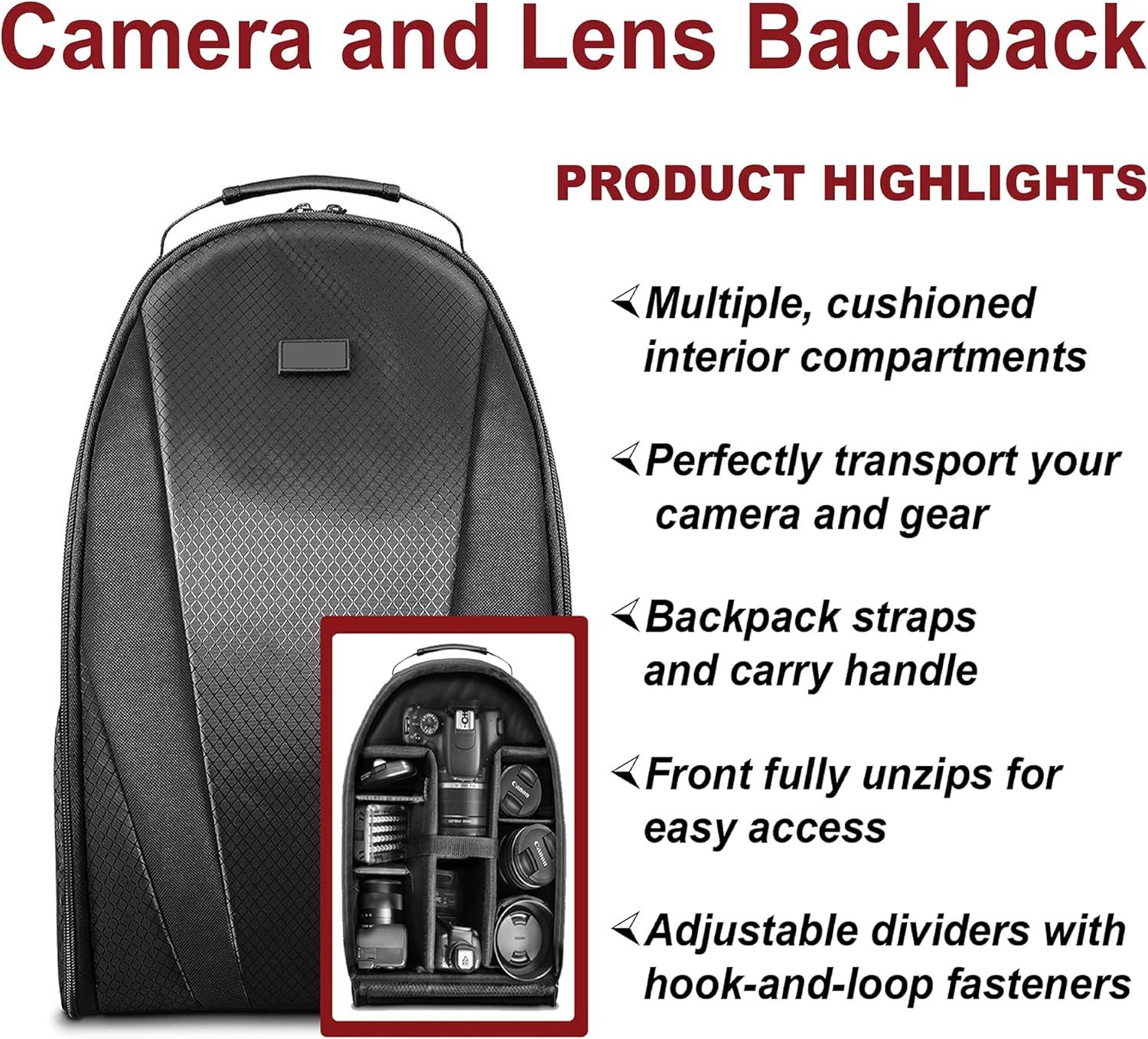 This image showcases multiple distinct benefits of the camera backpack in a segmented layout, highlighting its organizational features, portability options, accessibility, and customization to…