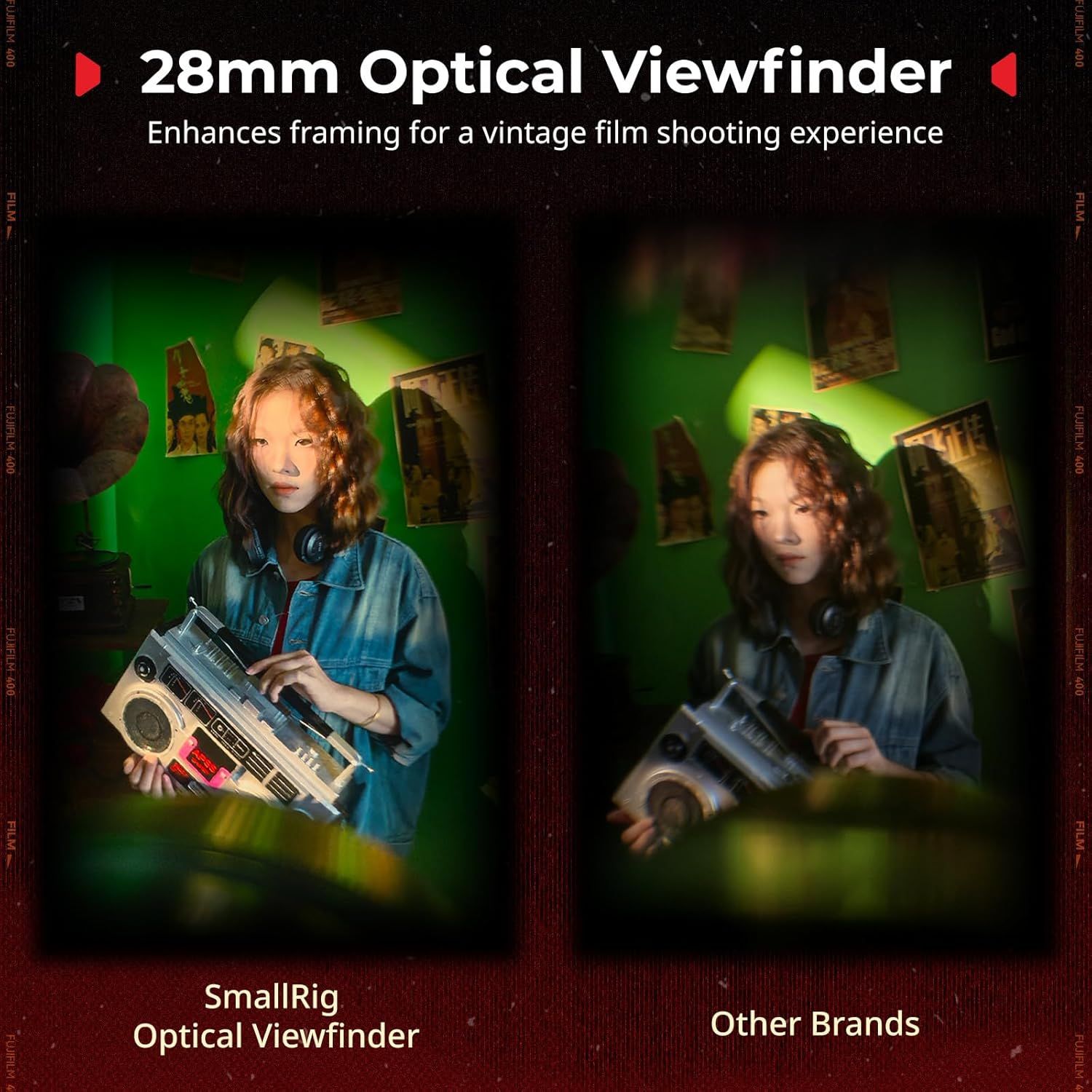 Demonstrates the superior framing and clarity of the SmallRig optical viewfinder compared to other brands, showing how it enhances the vintage film shooting experience. Highlights the 28mm optical…