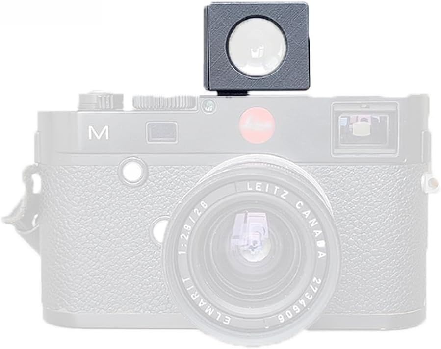 Displays the camera with an external viewfinder accessory on a clean white background to show the product clearly without distractions.