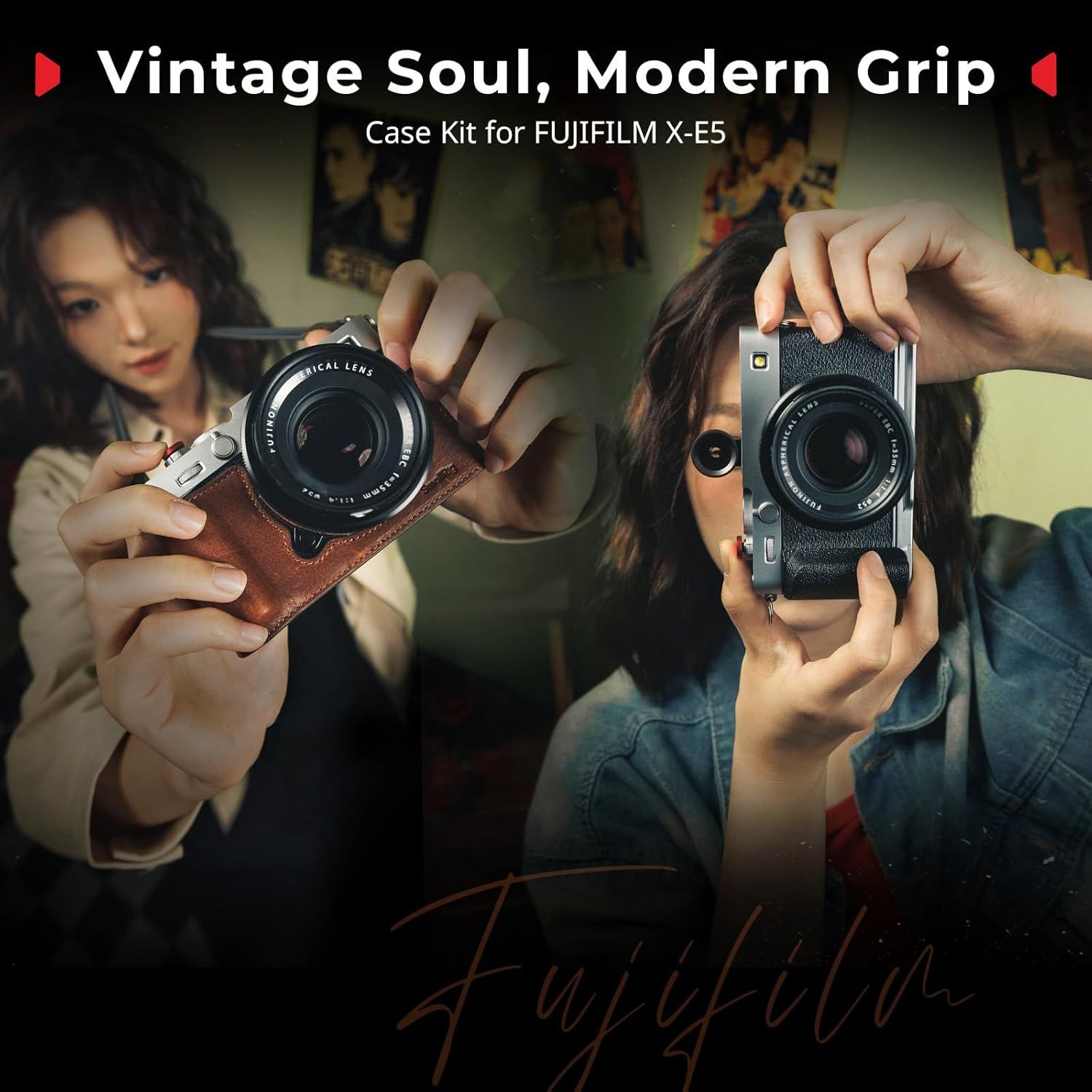 Showcases the brand's case kit product line for FUJIFILM X-E5, highlighting the vintage aesthetic with modern functionality through two different case options (brown leather and black textured grip).