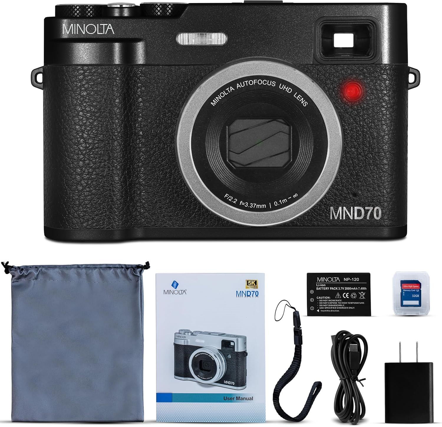 Shows all items included with the camera purchase to reassure shoppers they're getting a complete package with battery, charger, manual, memory card, strap, and carrying pouch.