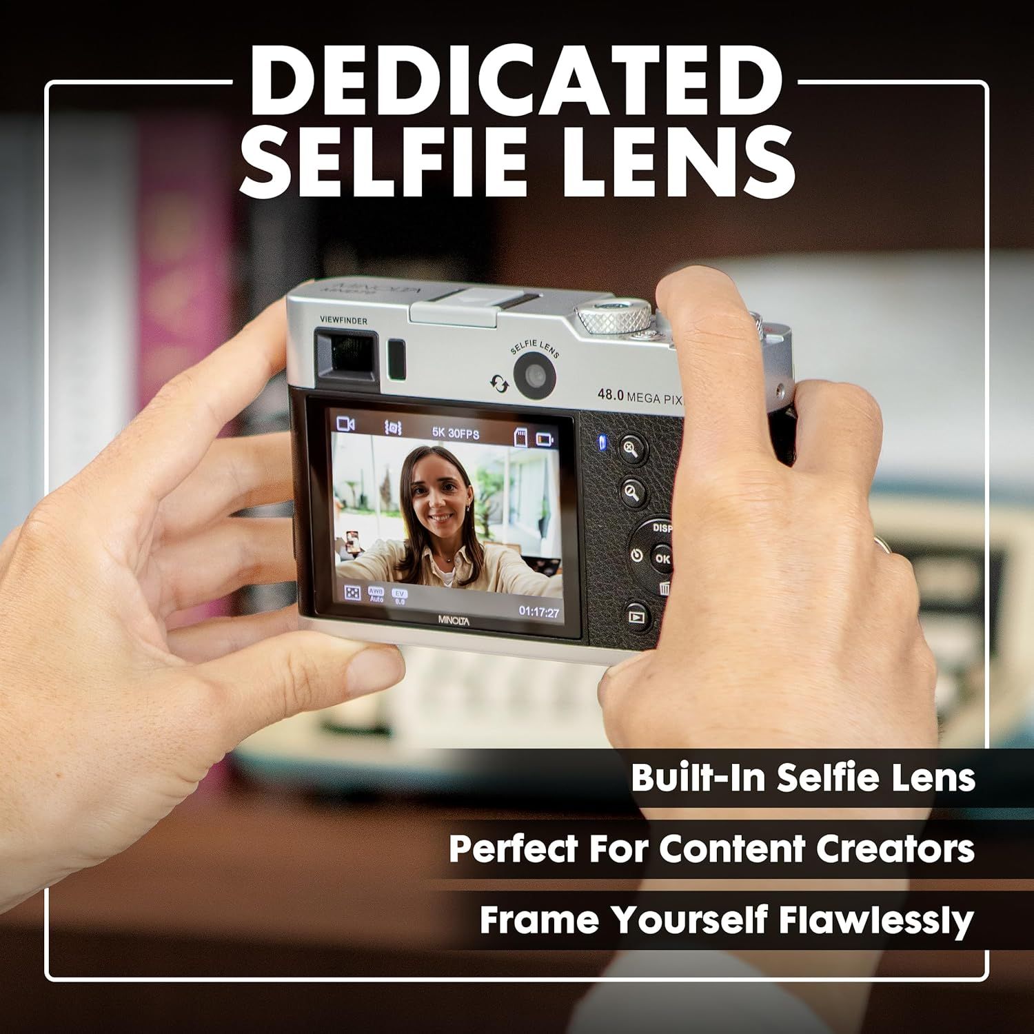 Highlights the camera's built-in selfie lens feature to appeal to content creators who need easy, high-quality self-photography capabilities.