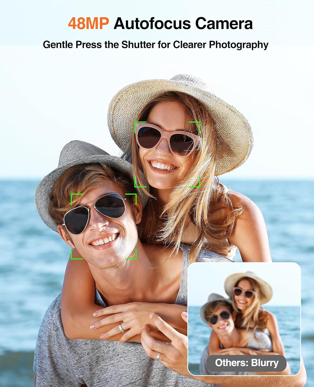 Demonstrates the product's superior autofocus camera quality by showing a side-by-side comparison with competitors, highlighting that this camera produces sharp, clear photos while others produce…