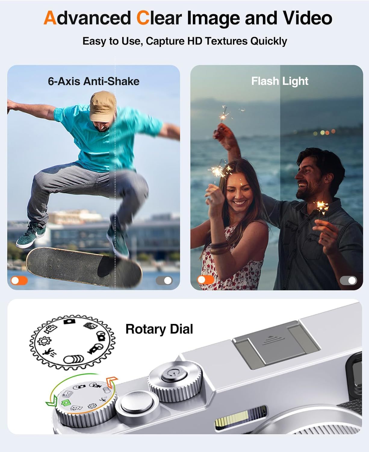 Showcases three distinct camera features in a segmented layout to demonstrate the product's advanced imaging capabilities and ease of use for capturing high-quality photos and videos.