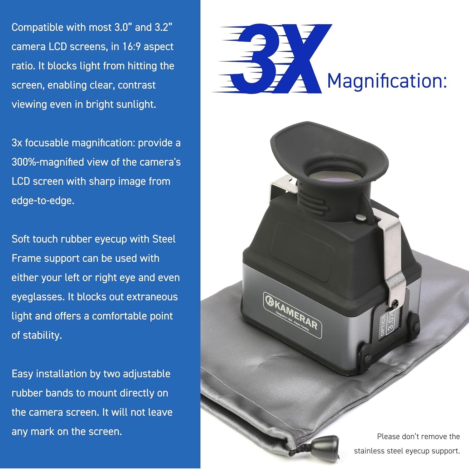 Communicates multiple distinct benefits of the camera viewfinder including magnification power, compatibility with various camera screens, comfort features, and ease of installation to help shoppers…