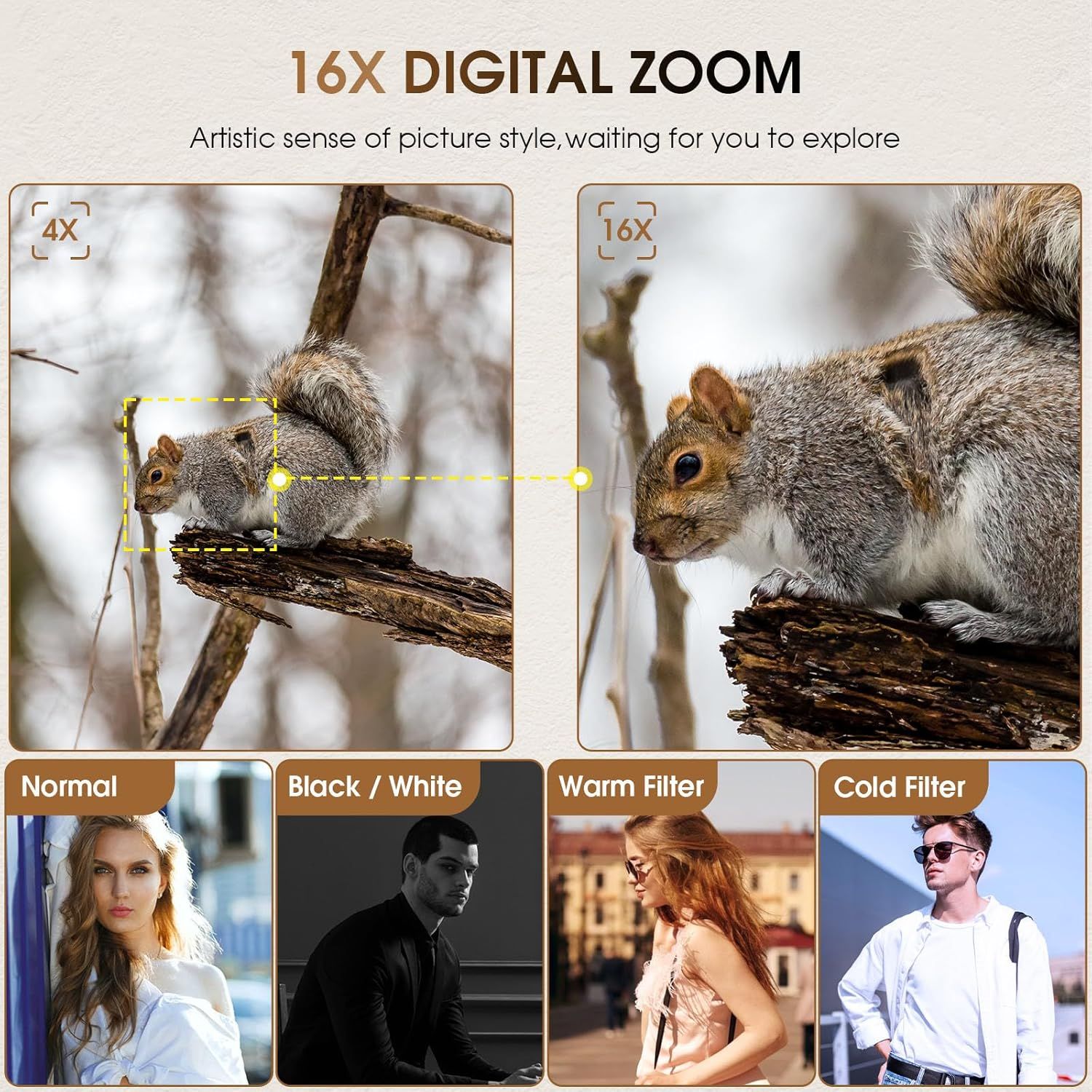 Highlights the camera's powerful 16X digital zoom capability, demonstrating the level of detail and magnification shoppers can achieve with this product. Communicates the primary benefit of enhanced…