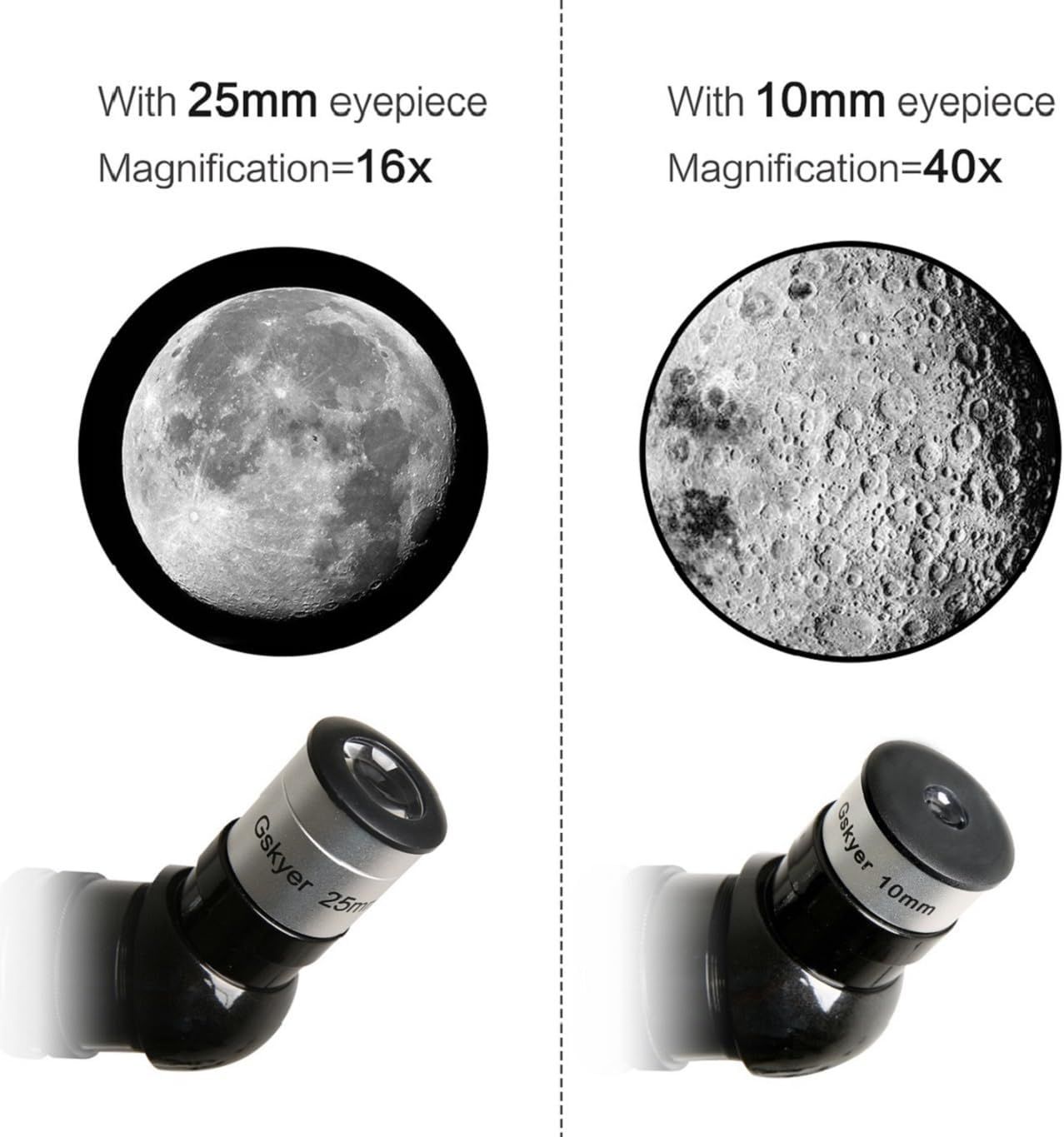 Demonstrates the difference in magnification power between two eyepiece options (25mm vs 10mm) to help shoppers understand the viewing capabilities and choose…