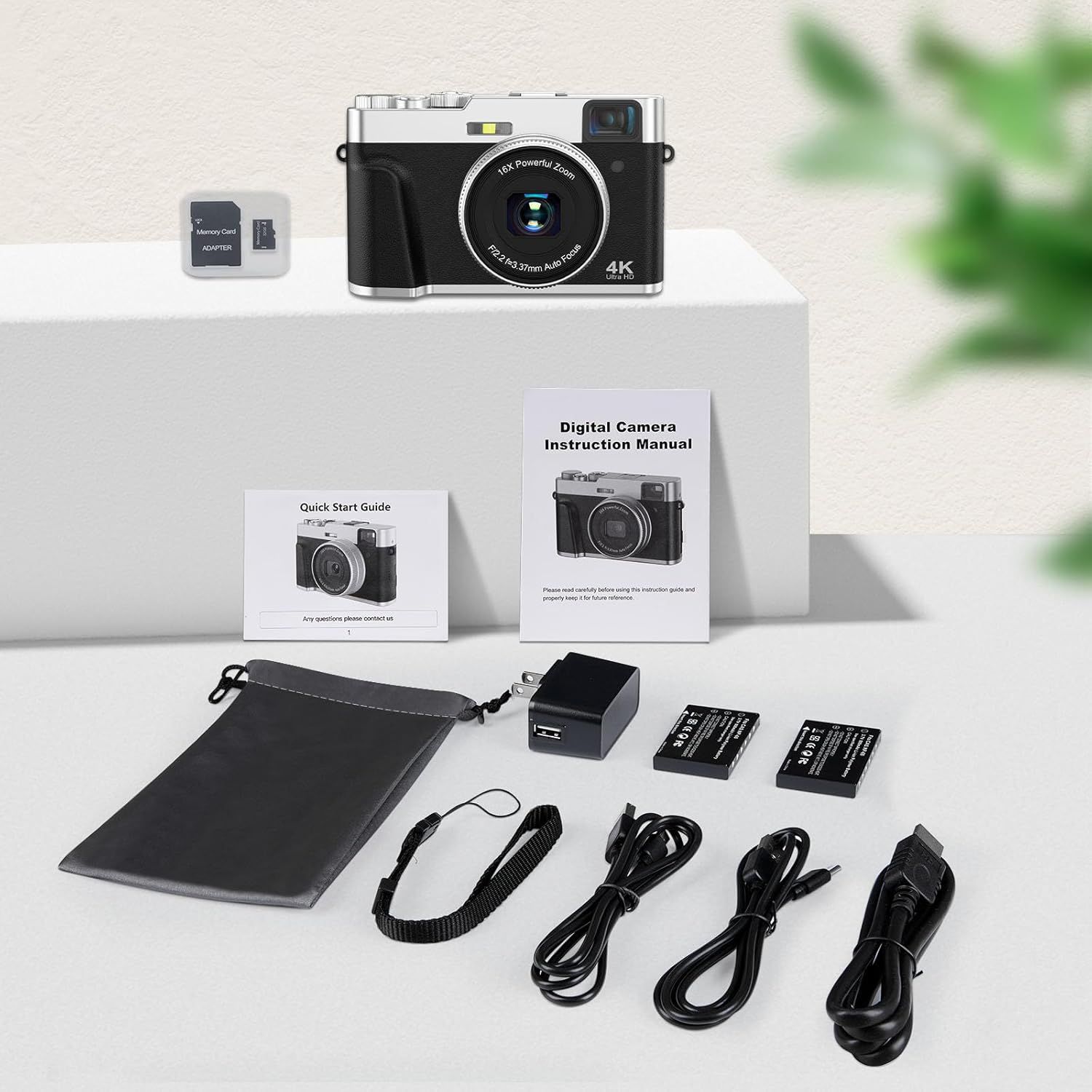 Shows everything included in the package to reassure shoppers they're getting a complete camera kit with all necessary accessories, manuals, and extras.