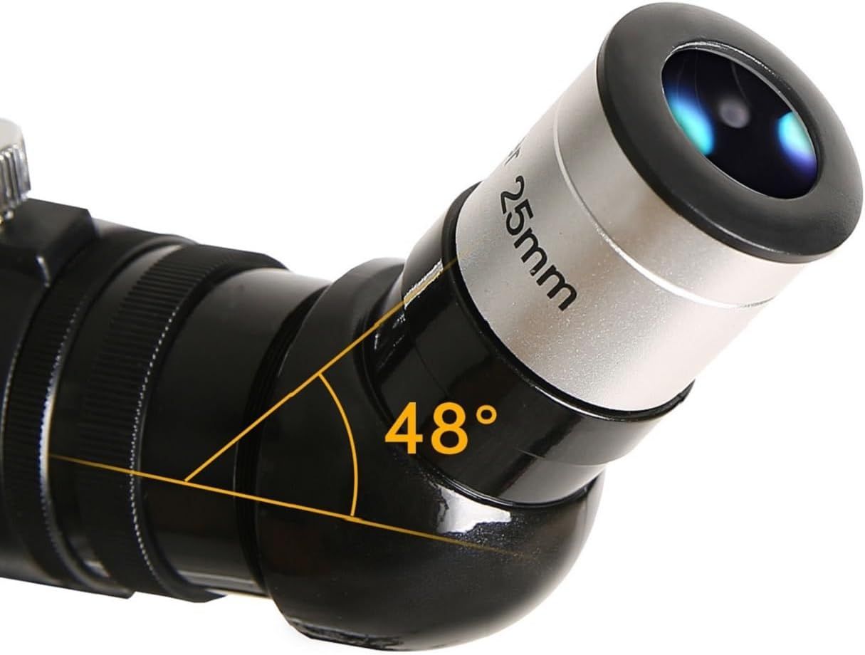 Highlights the specific 48-degree field of view specification of the 25mm eyepiece to communicate the viewing angle capability to astronomy enthusiasts.