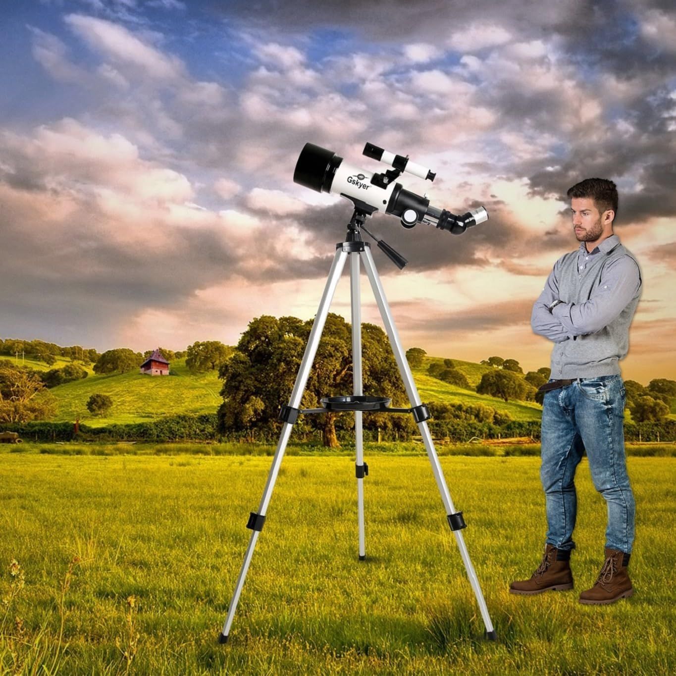 Shows the telescope in a real-world outdoor setting to help shoppers visualize using the product for astronomy and nature observation.