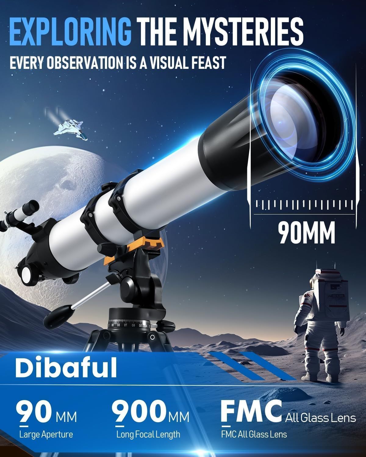 Communicates multiple technical specifications and benefits of the telescope to demonstrate its superior optical capabilities for astronomy observation.
