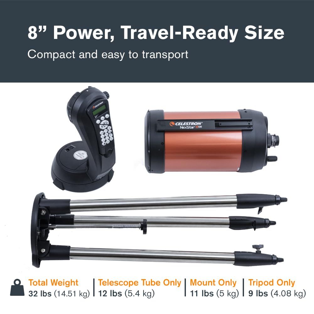 Shows all components included in the telescope package (telescope tube, hand controller, tripod) with individual weight specifications to help shoppers…