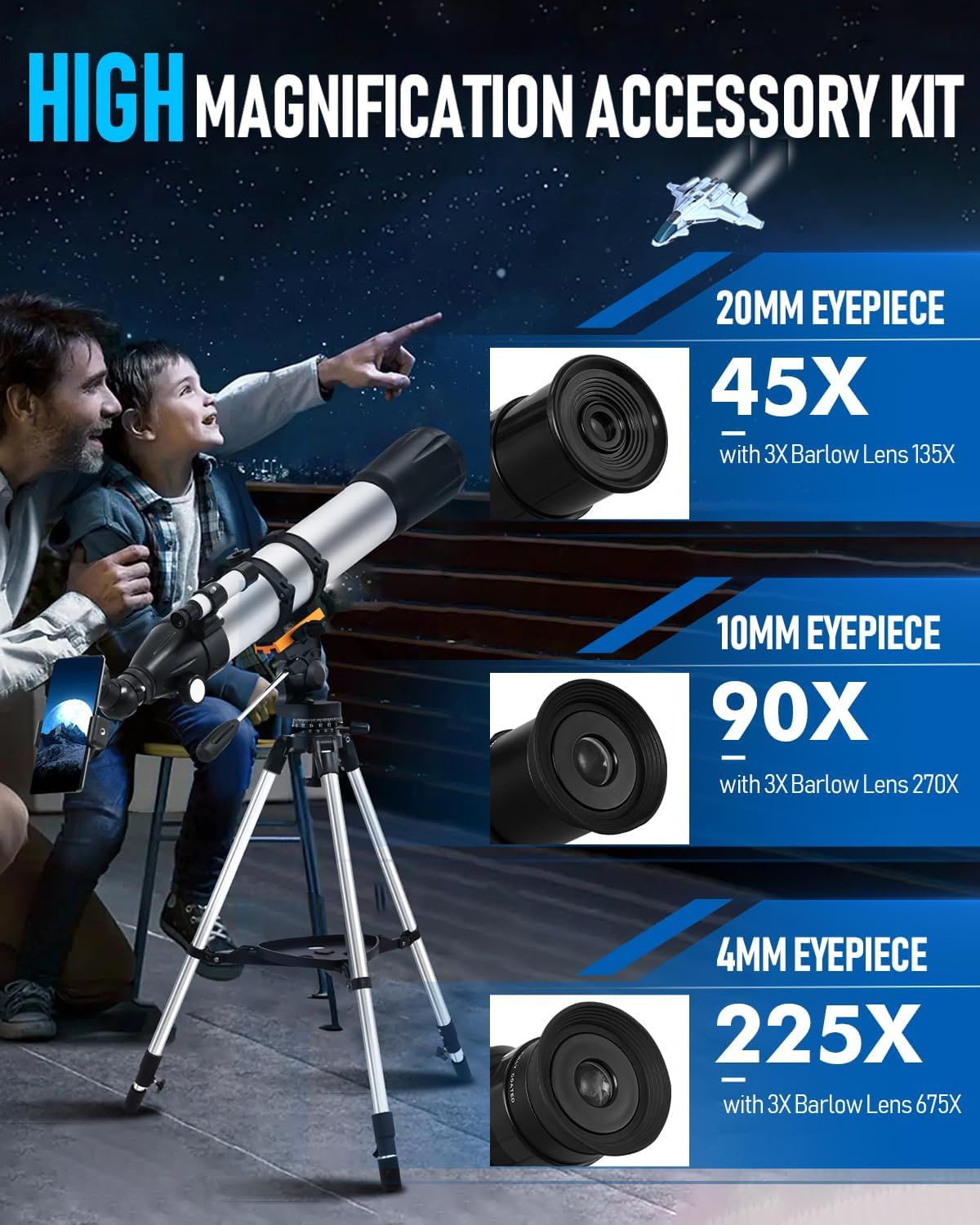 Shows the complete accessory kit included with the telescope, highlighting three different eyepiece options with their respective magnification capabilities…