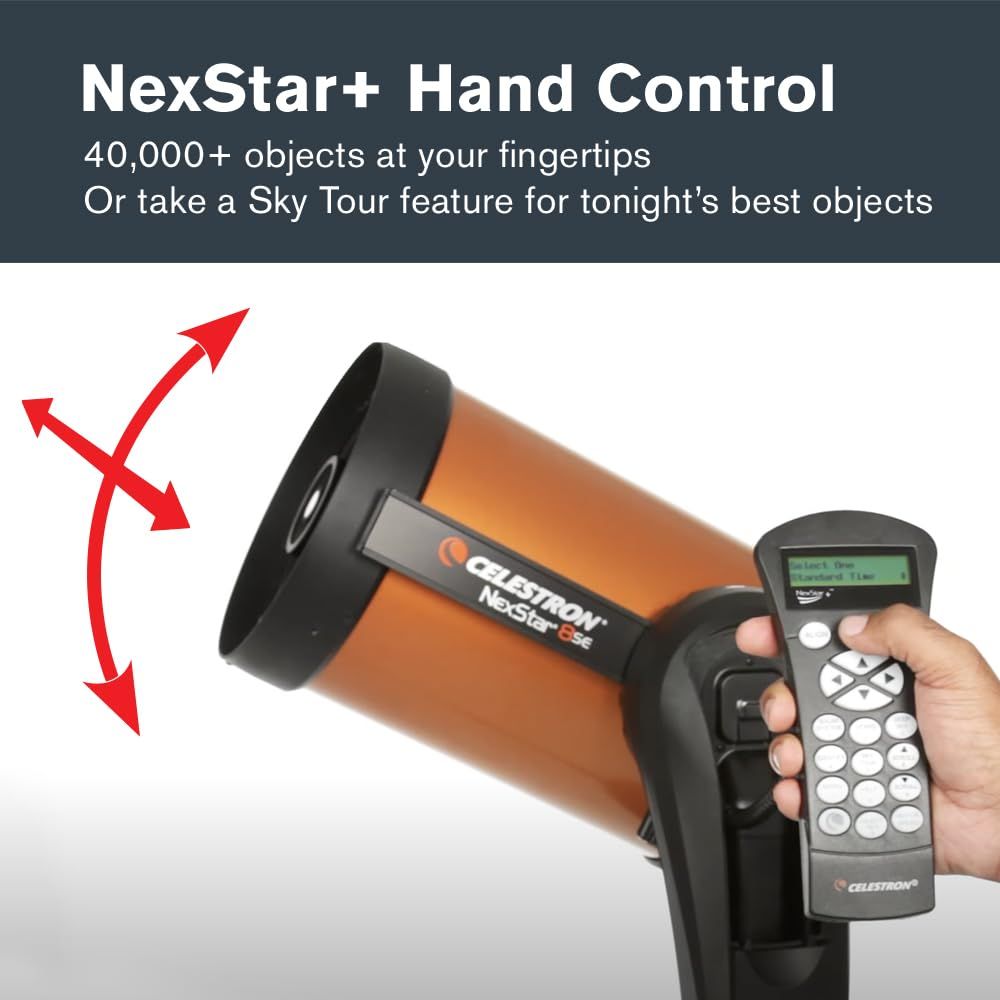 Communicates the ease of controlling the telescope with a handheld remote that provides access to 40,000+ celestial objects and automated Sky Tour features.