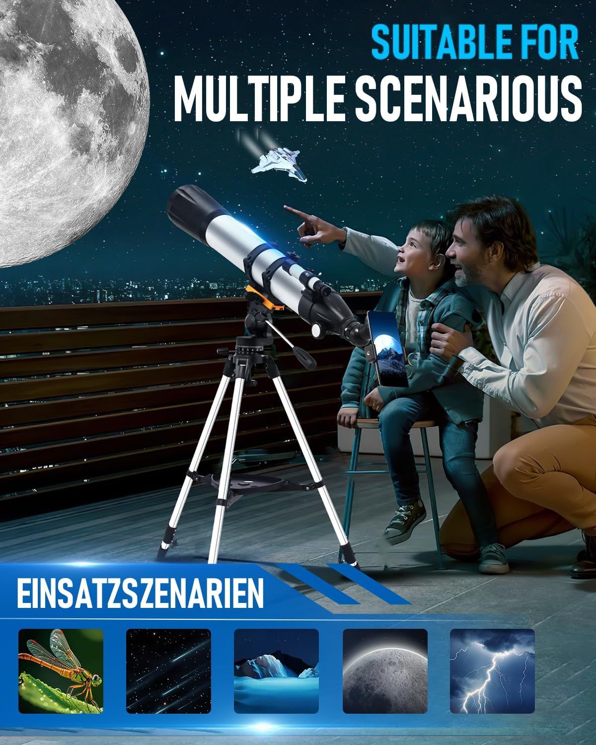 Demonstrates the telescope's versatility by showing it can be used for multiple observation scenarios including nature, stars, planets, moon, and weather…