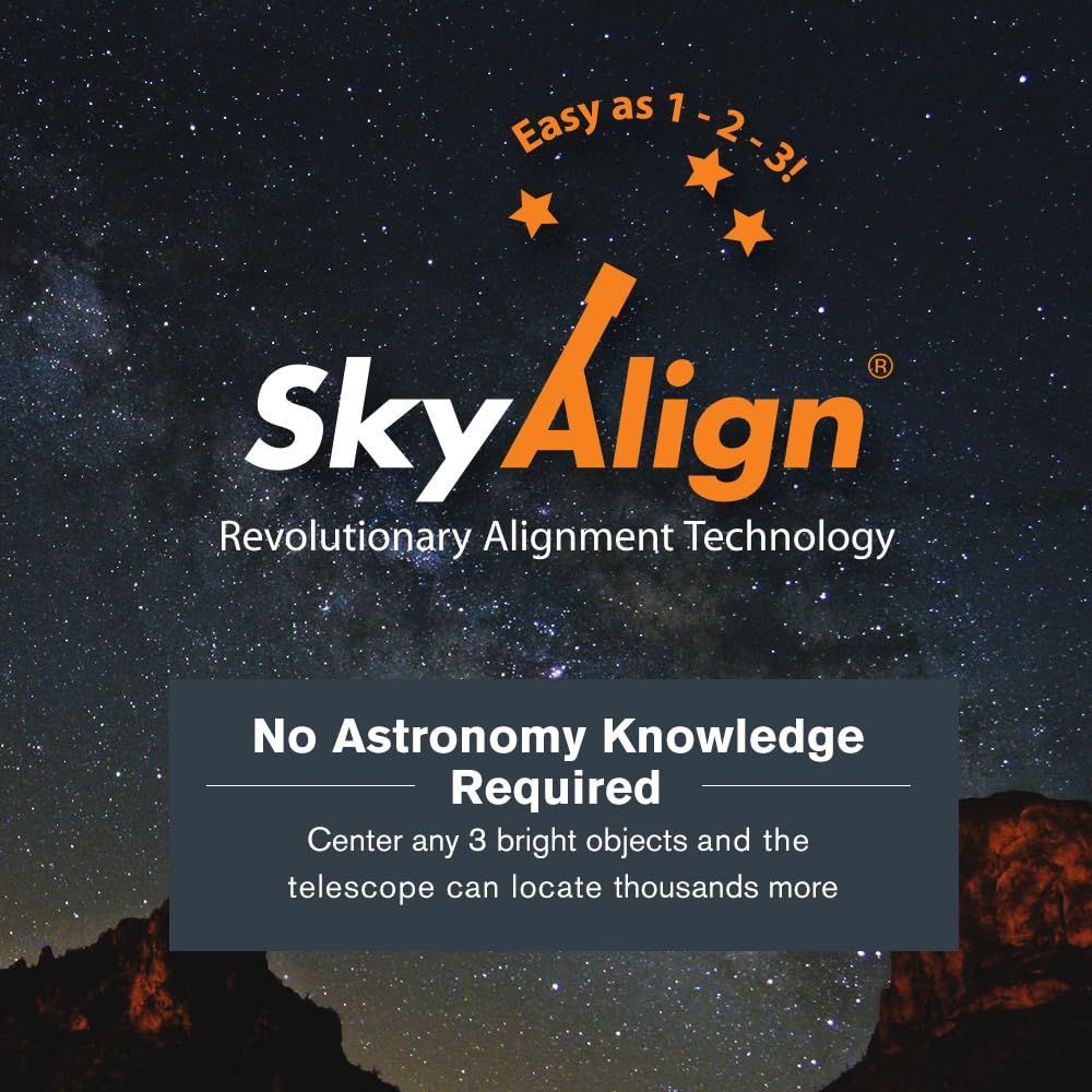 Communicates that the telescope alignment technology is extremely simple to use, requiring no astronomy expertise—just center 3 bright objects and the system…