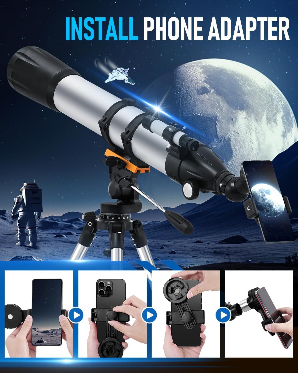 Demonstrates the step-by-step process of installing and attaching a phone adapter to the telescope, showing shoppers how easy it is to set up for smartphone…