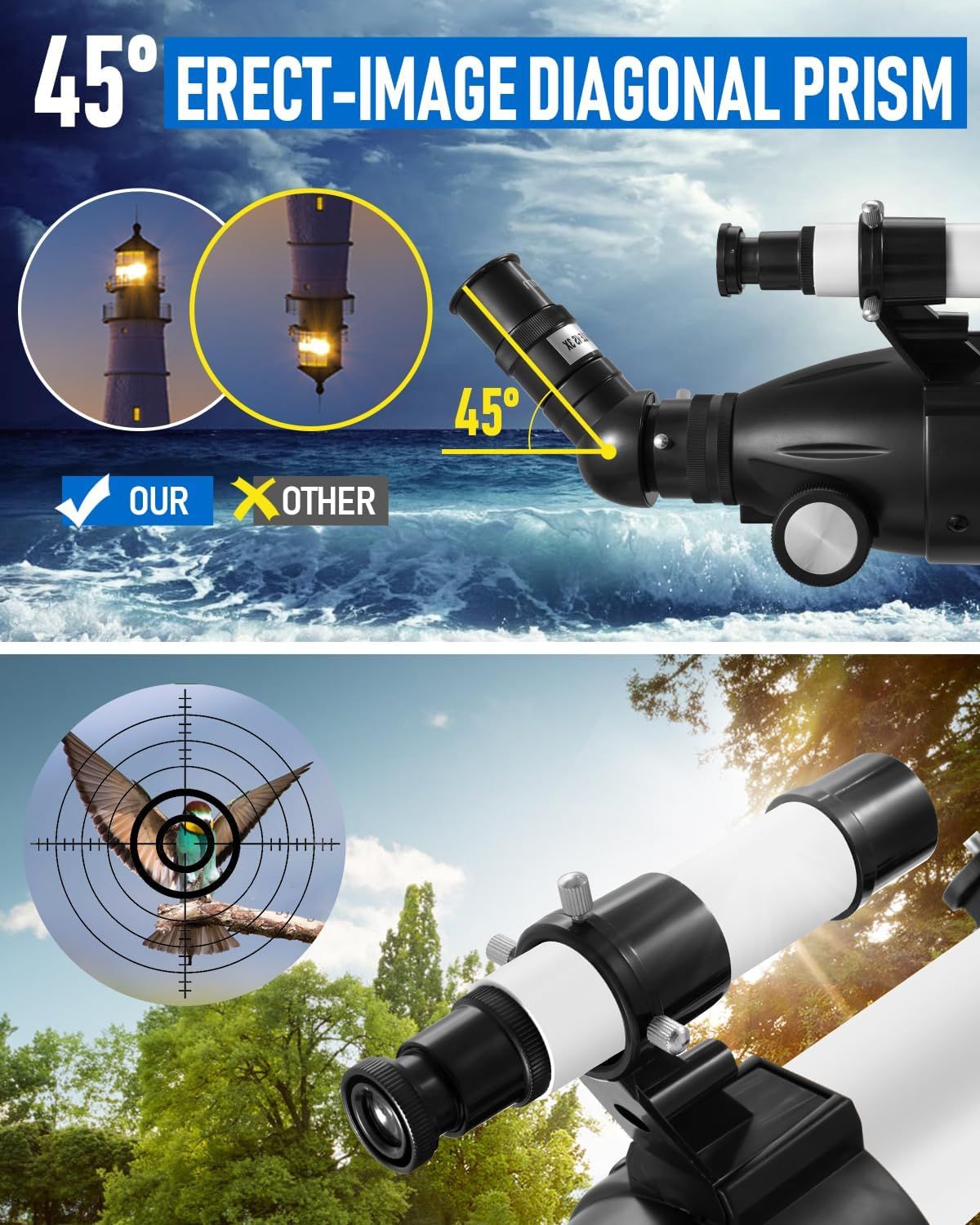 Demonstrates the superior 45-degree erect-image diagonal prism feature compared to competitors, showing how this product provides a correctly oriented upright…