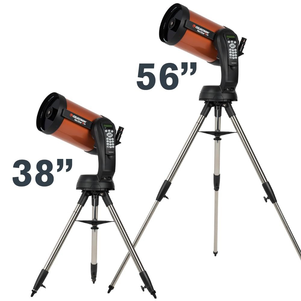 Shows the physical height dimensions of two telescope models (38 inches and 56 inches) to help shoppers understand the size options available and choose the right fit for their space.