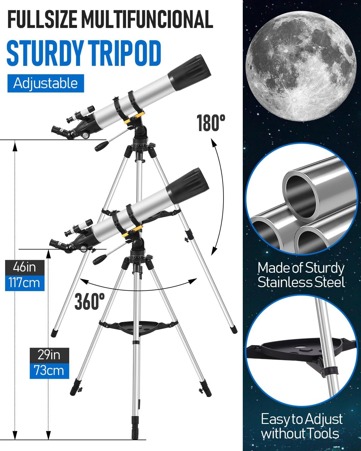 Communicates multiple key benefits of the telescope tripod including its adjustability, rotation capabilities, durable materials, and ease of setup to…
