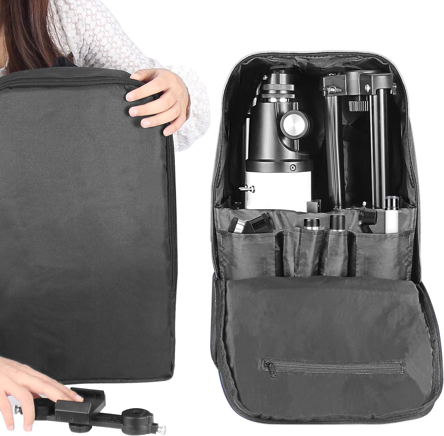 Shows all the components included with the telescope purchase, demonstrating the complete kit with organized storage to reassure buyers they're getting…