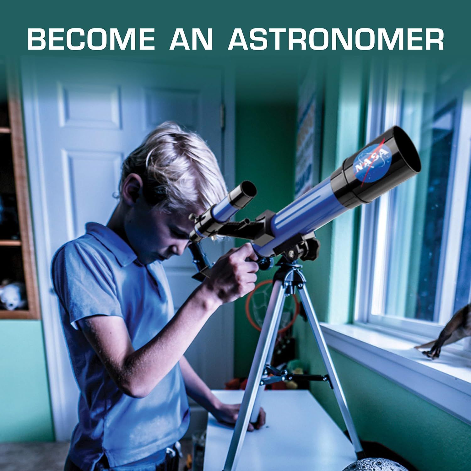 Demonstrates the product's use case for aspiring astronomers and educational purposes, showing how the telescope can be used indoors by children or beginners to explore astronomy. Shows the…