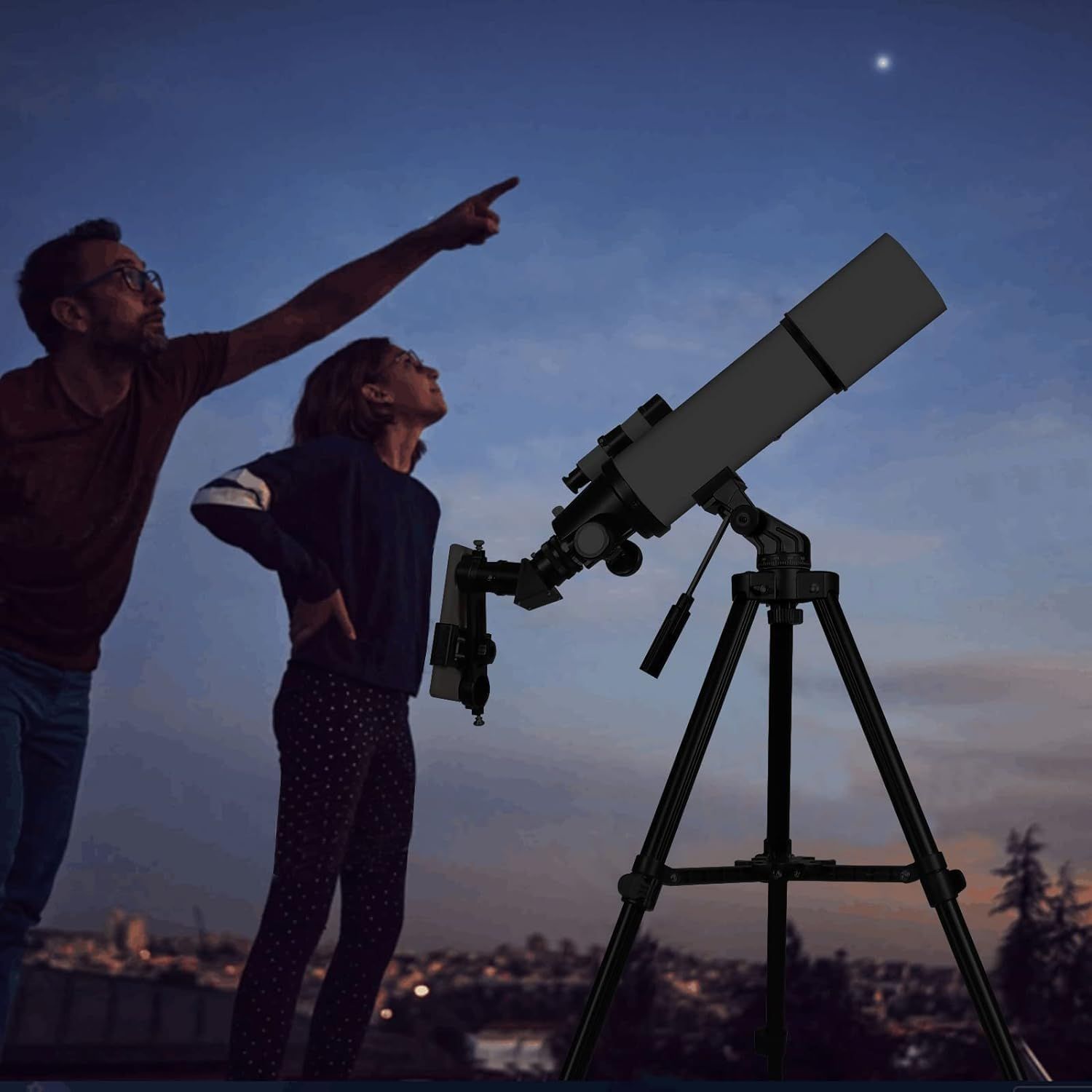 Demonstrates the telescope in a real-world evening use scenario with a parent and child stargazing together, creating an emotional connection and showing the…