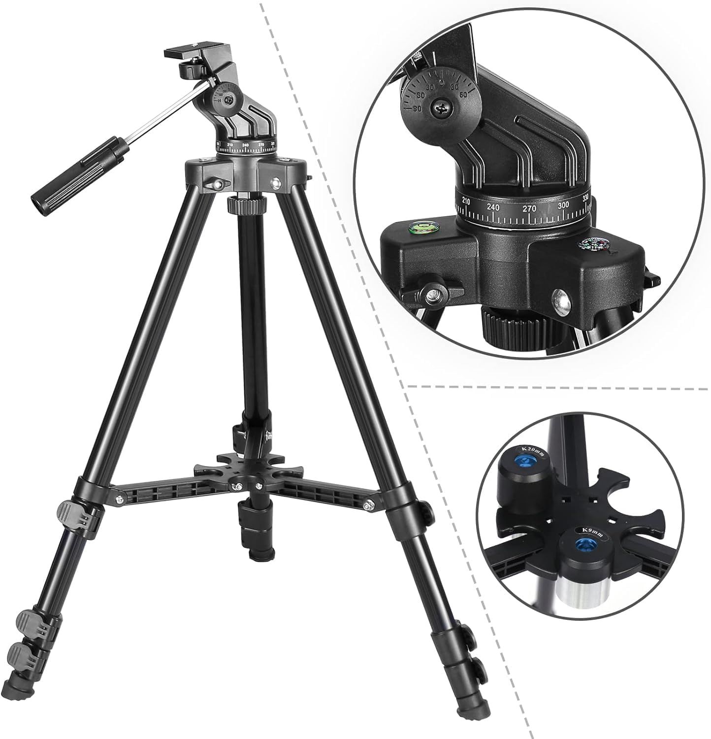 Highlights the key structural components of the tripod—the precision pan head with degree markings and the bubble level base—to demonstrate the product's…