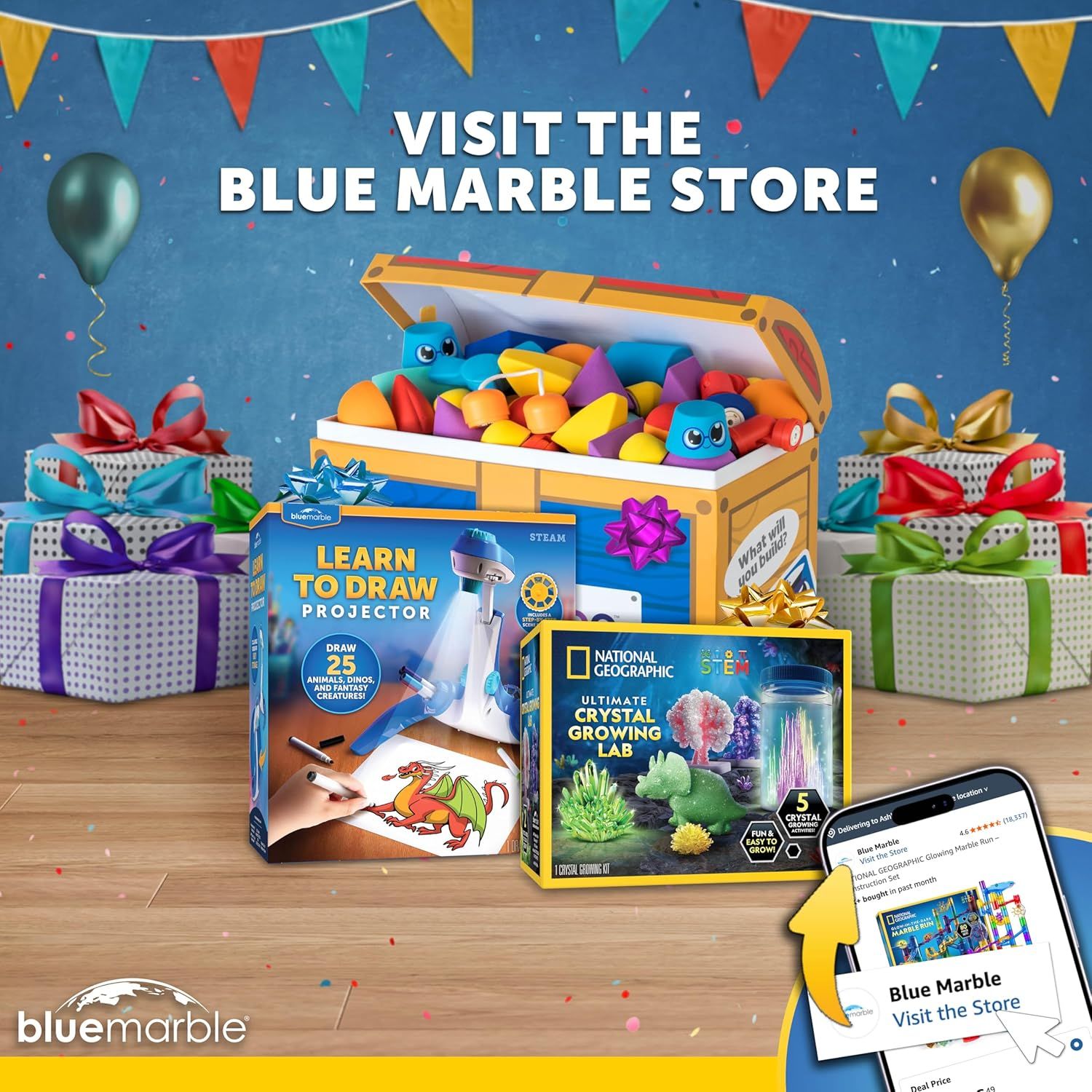 Positions the Blue Marble store as a destination for gift shopping, using festive imagery like wrapped presents, balloons, and confetti to create a celebratory, gift-giving atmosphere.