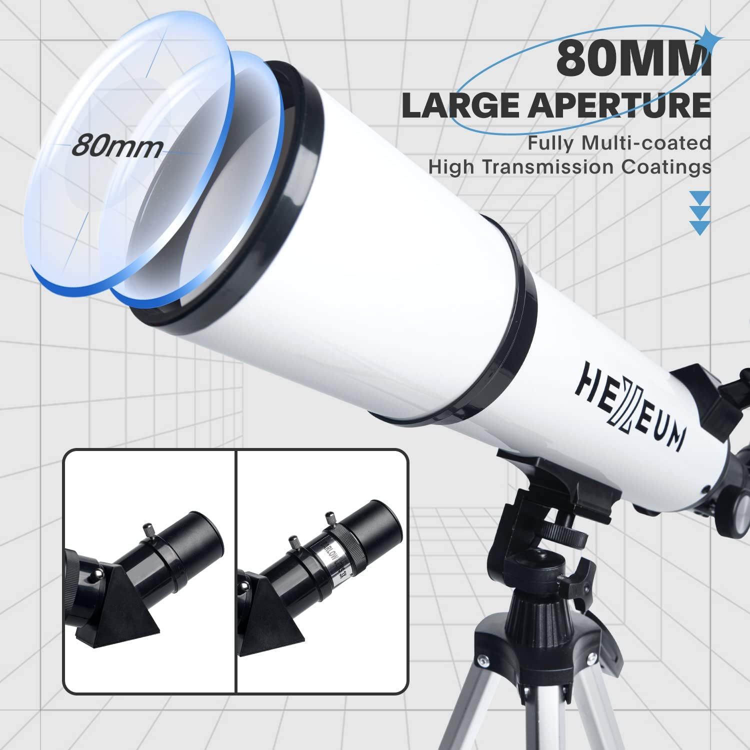 Highlights the telescope's key optical specifications—the 80mm aperture size and high-transmission coatings—to communicate superior light-gathering capability…