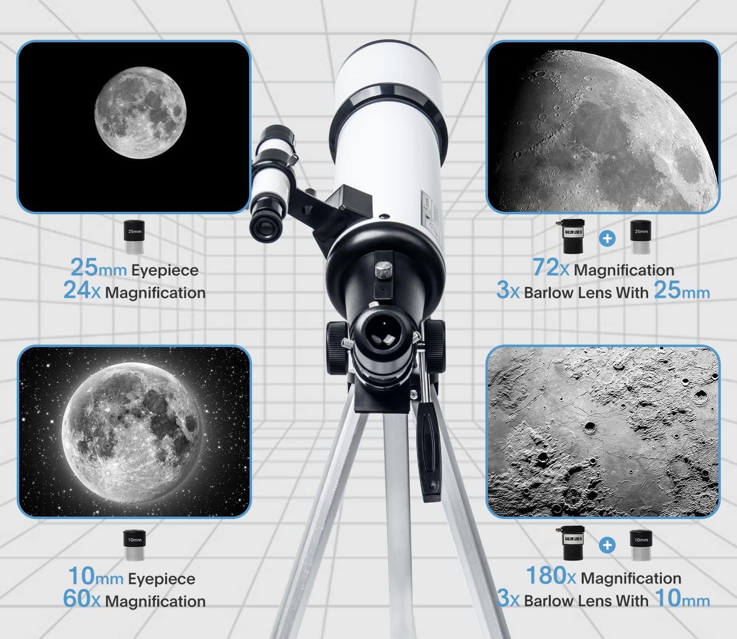 Communicates the telescope's powerful magnification capabilities (24x, 60x, 72x, 180x) with different eyepiece and lens combinations, demonstrating the…