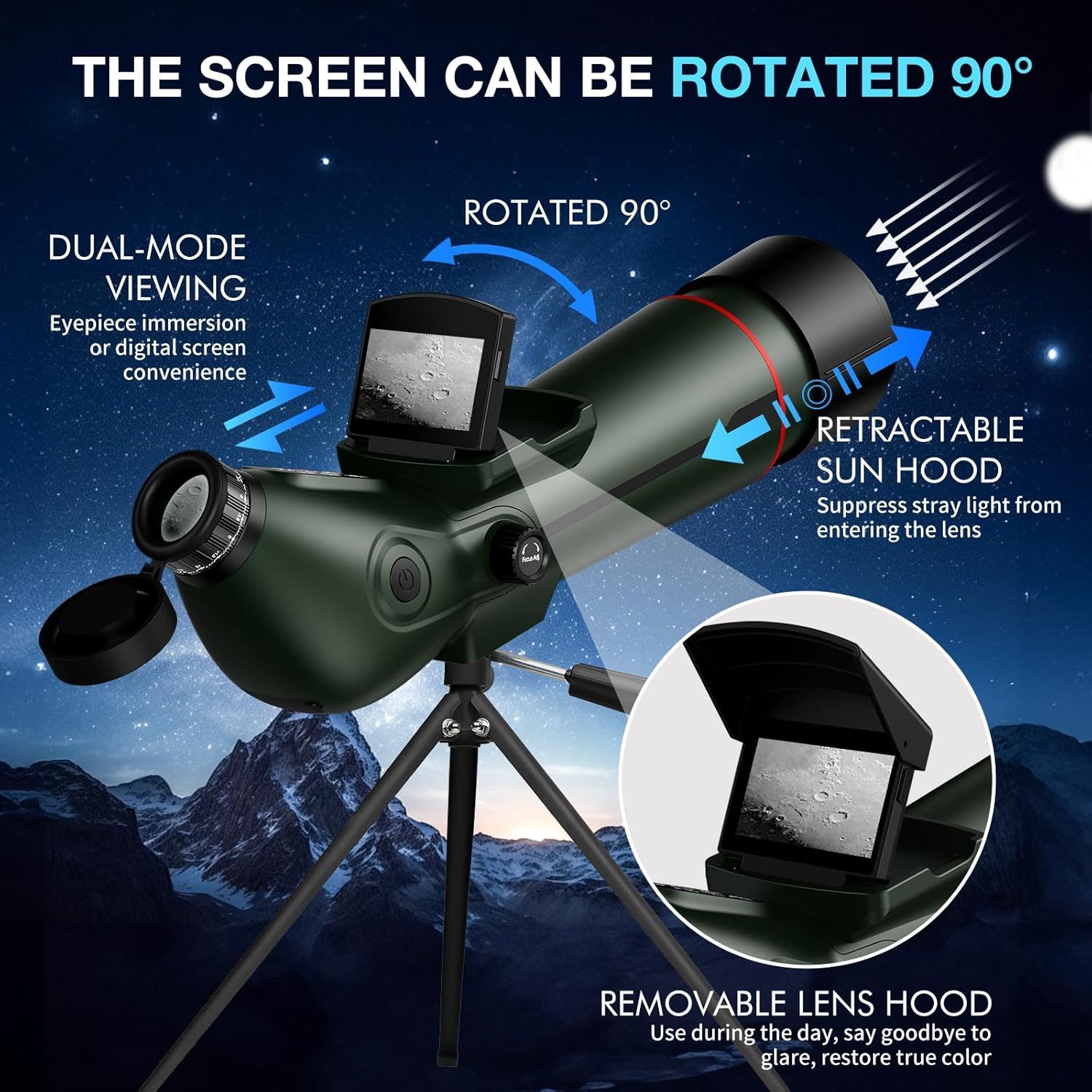 This image breaks down the key physical components and features of the telescope/spotting scope, using arrows and callouts to highlight the rotatable screen,…