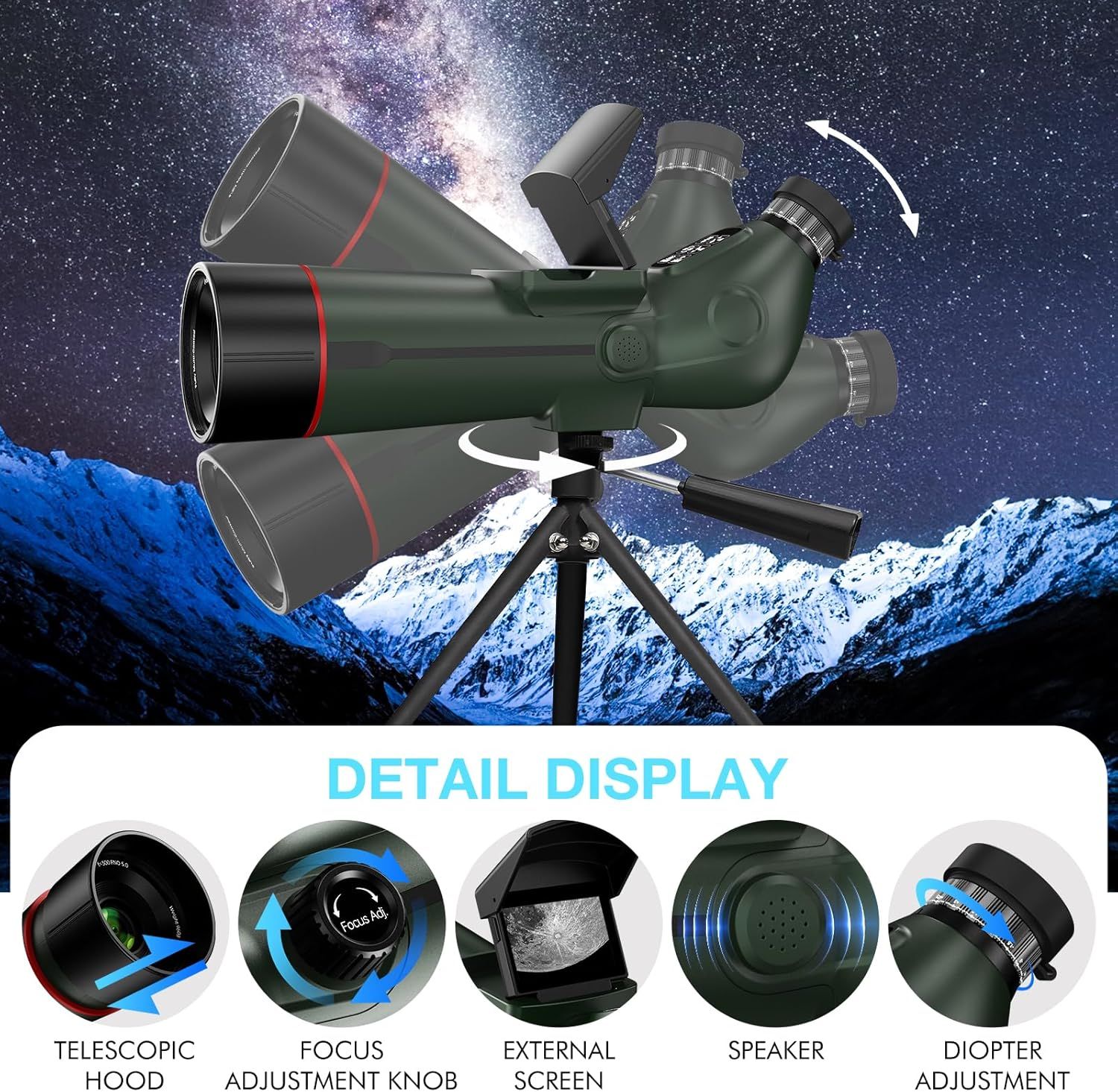This image breaks down the physical components and parts of the telescope/spotting scope, helping shoppers understand the product's construction and key…