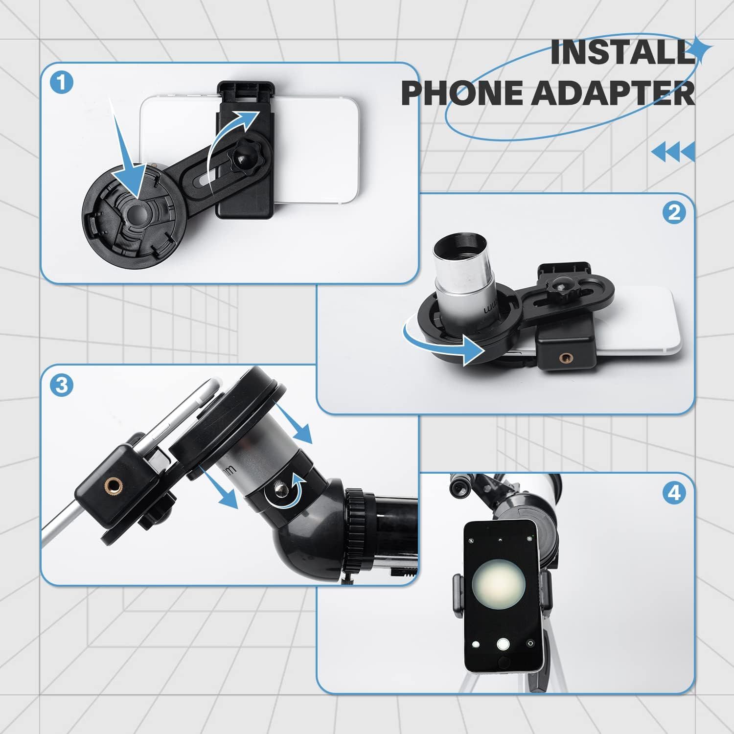 This image provides step-by-step instructions for installing a phone adapter to a telescope or optical device, showing shoppers how to set up and use the…