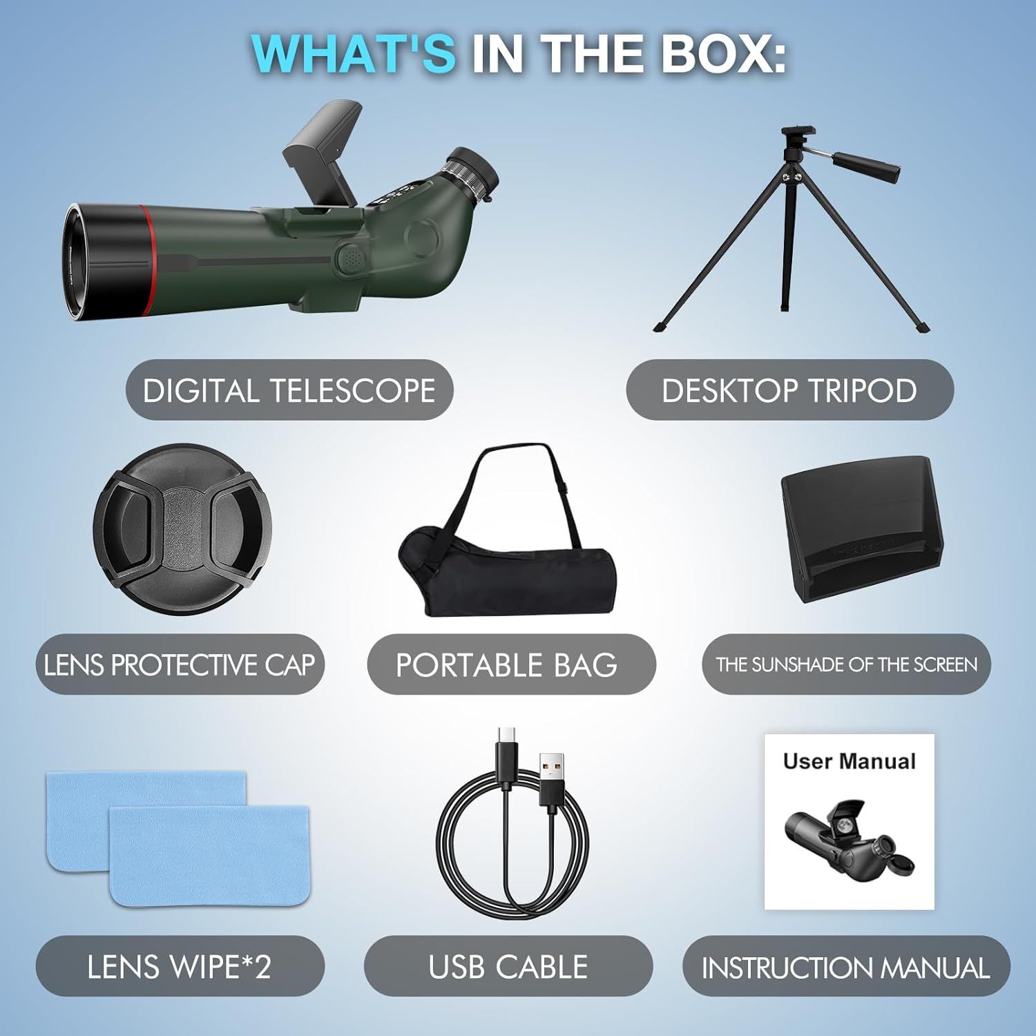 Shows all items included with the digital telescope purchase to help shoppers understand the complete value of the bundle, including the telescope, tripod,…
