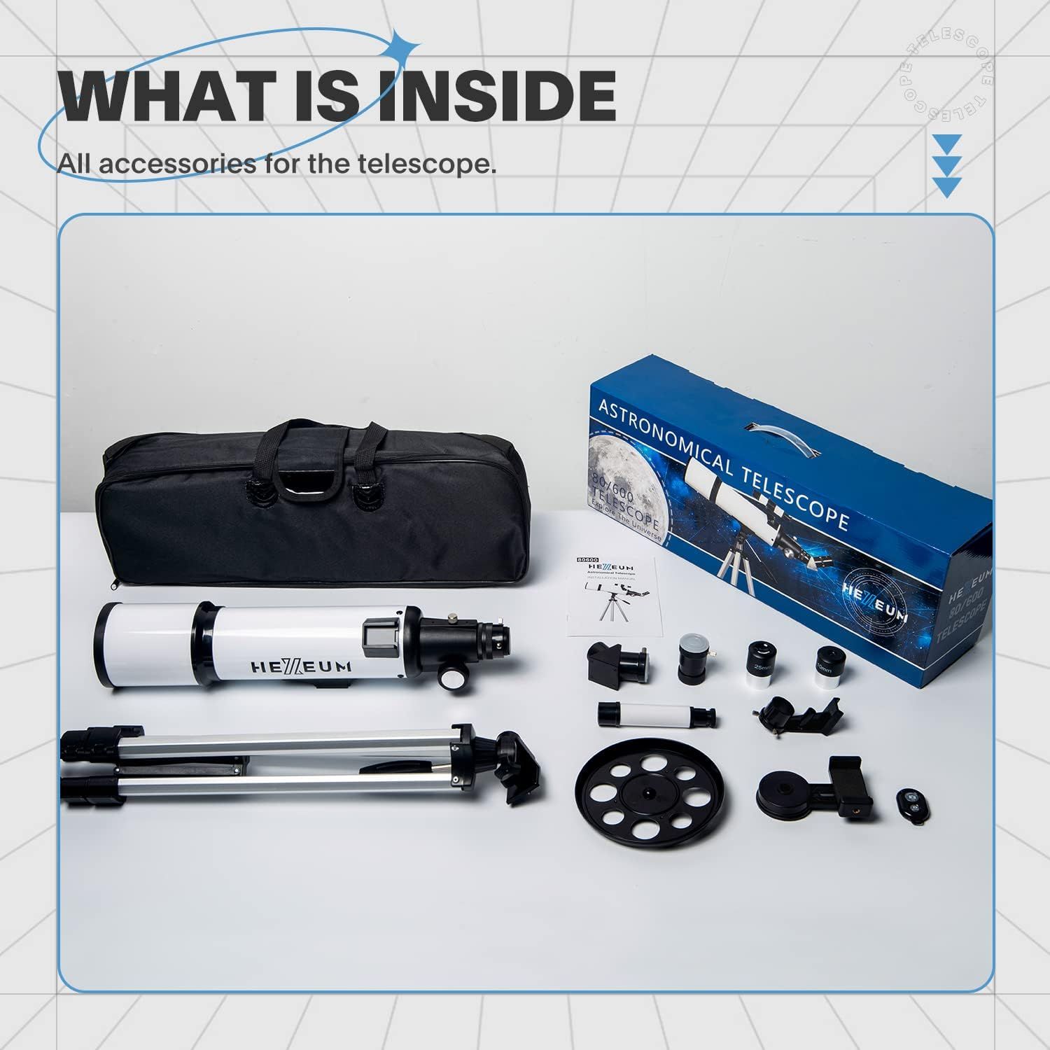 Shows the customer everything included in the telescope package—the telescope, tripod, carrying case, lenses, and various accessories—to demonstrate the…