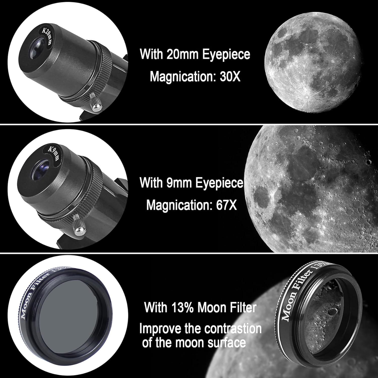 Demonstrates the product's versatility by showing three distinct configurations with different eyepieces and magnification levels, plus a moon filter…