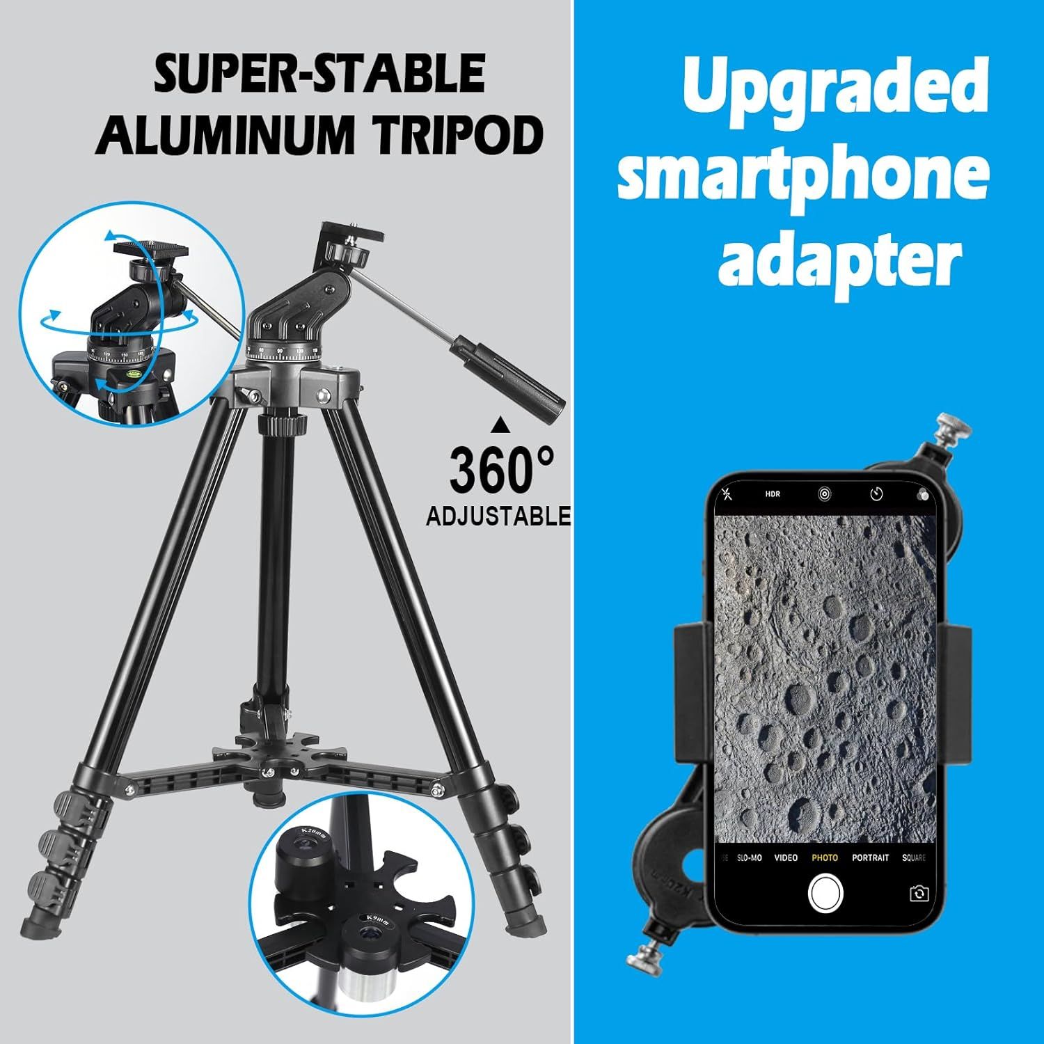 Communicates multiple distinct product benefits in a segmented layout: the tripod's stability and 360° adjustability on the left, and the upgraded smartphone…