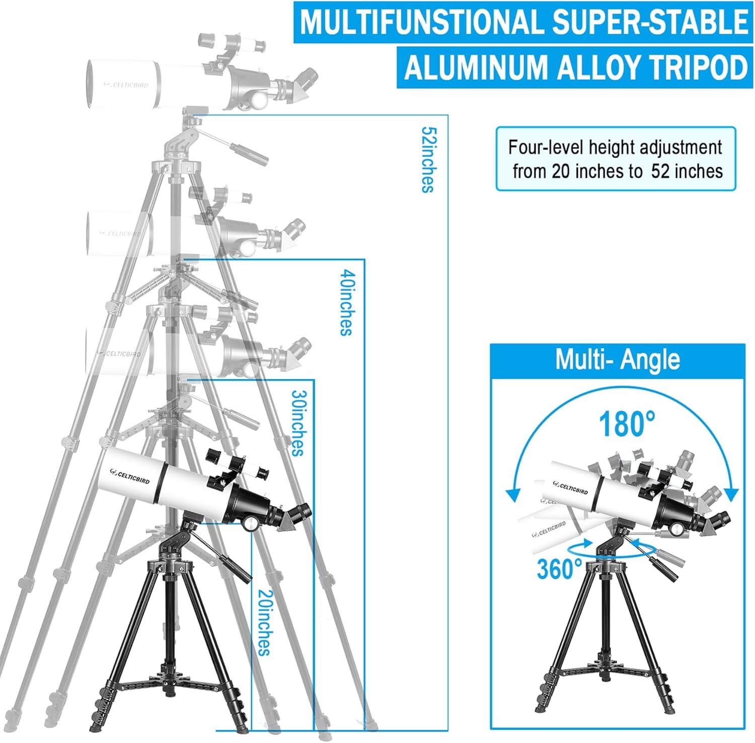 Communicates multiple key features of the tripod in a segmented layout, highlighting its adjustable height range, multi-angle capabilities, and premium…