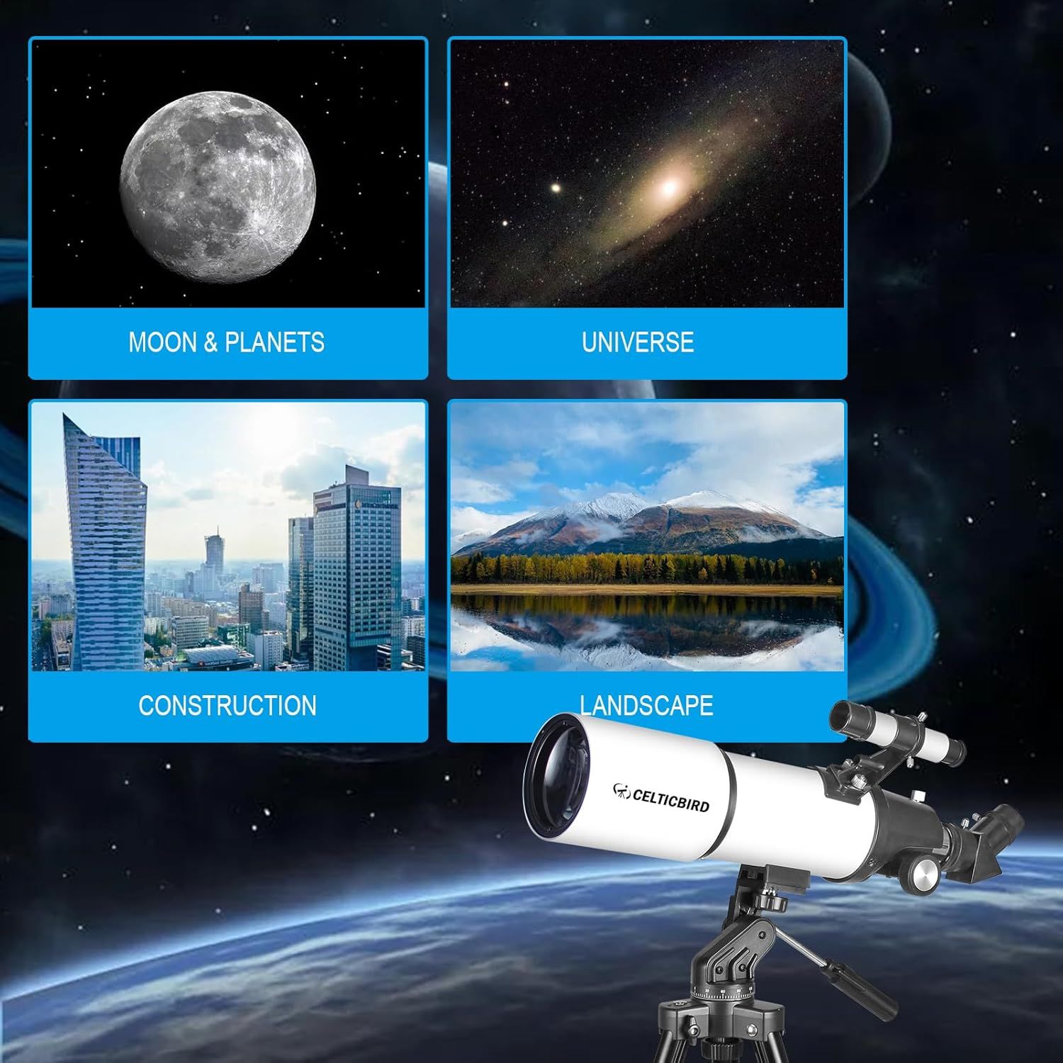 Demonstrates the telescope's versatility by showing four distinct viewing scenarios—astronomy, deep space, urban environments, and nature—to communicate that…