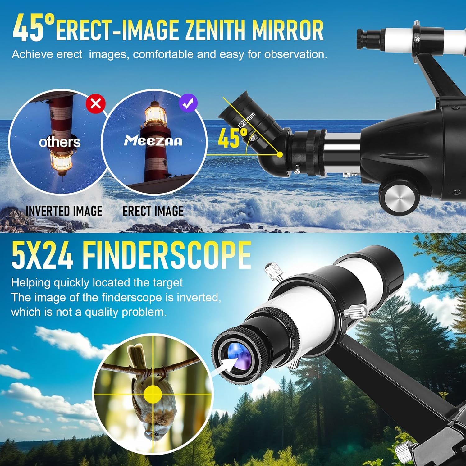 Communicates two distinct technical features of the telescope: the 45-degree erect-image mirror that provides comfortable viewing with correct orientation,…